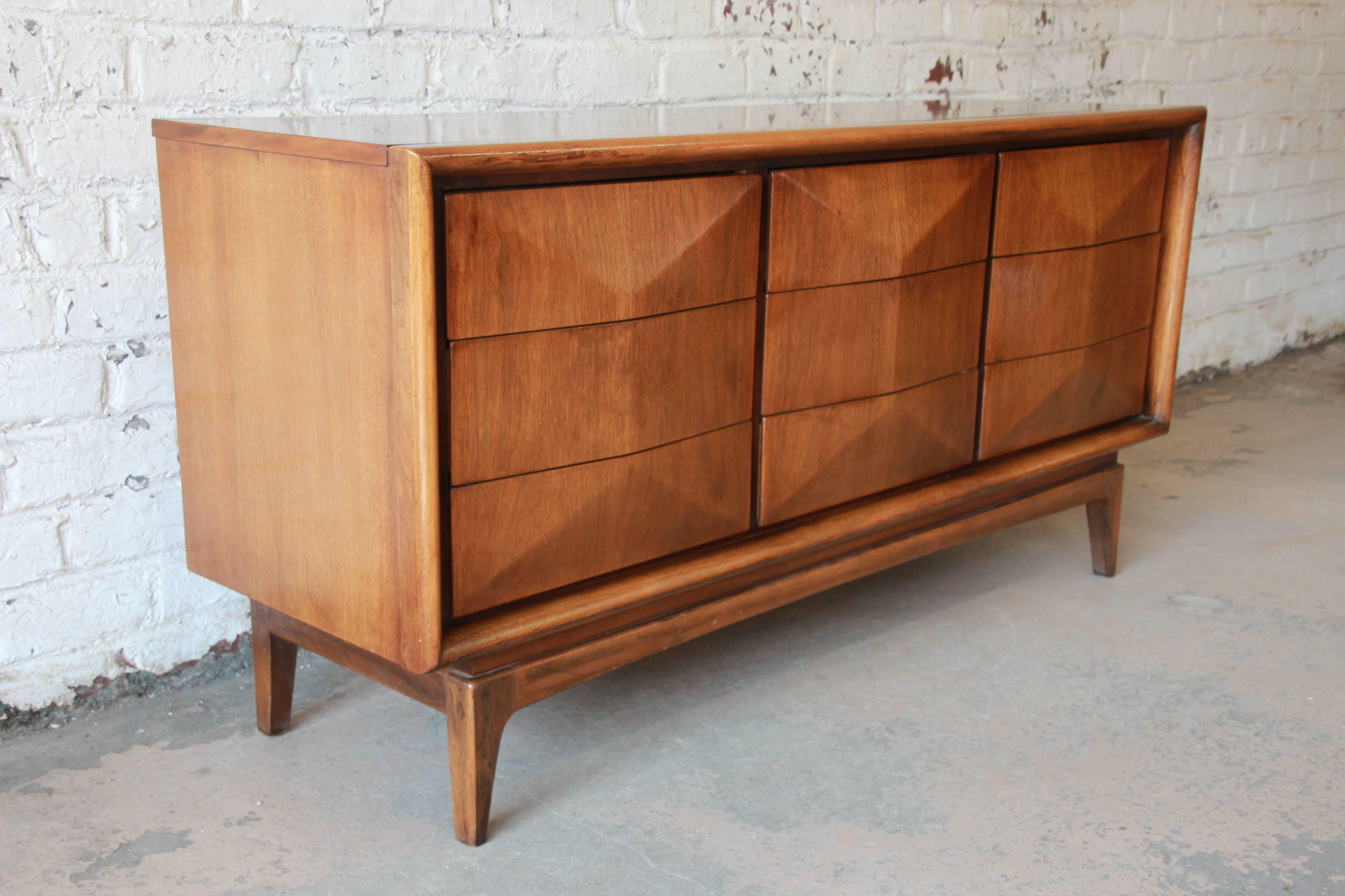 Mid-20th Century Walnut Diamond Front Long Dresser or Credenza by United