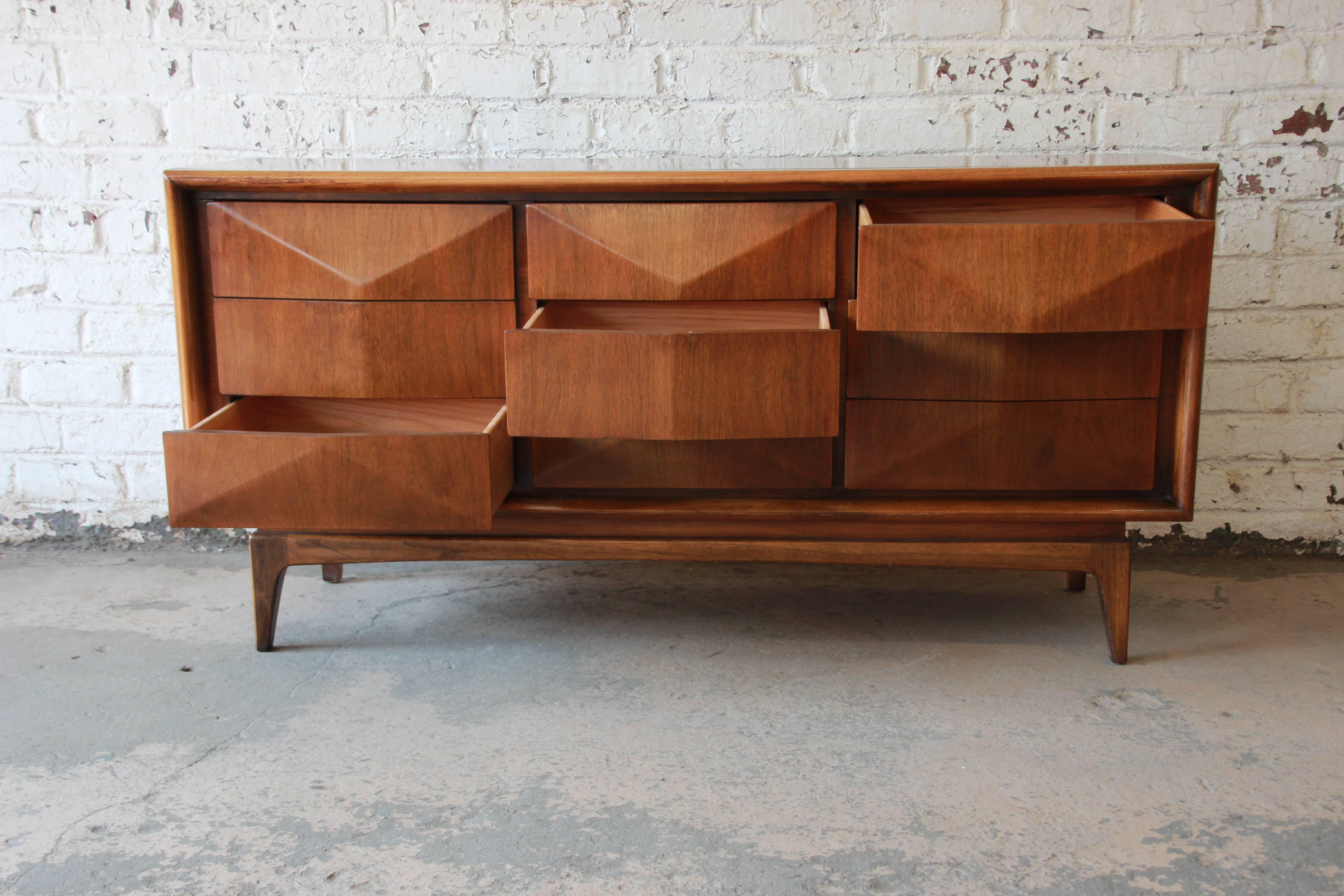 Walnut Diamond Front Long Dresser or Credenza by United 1