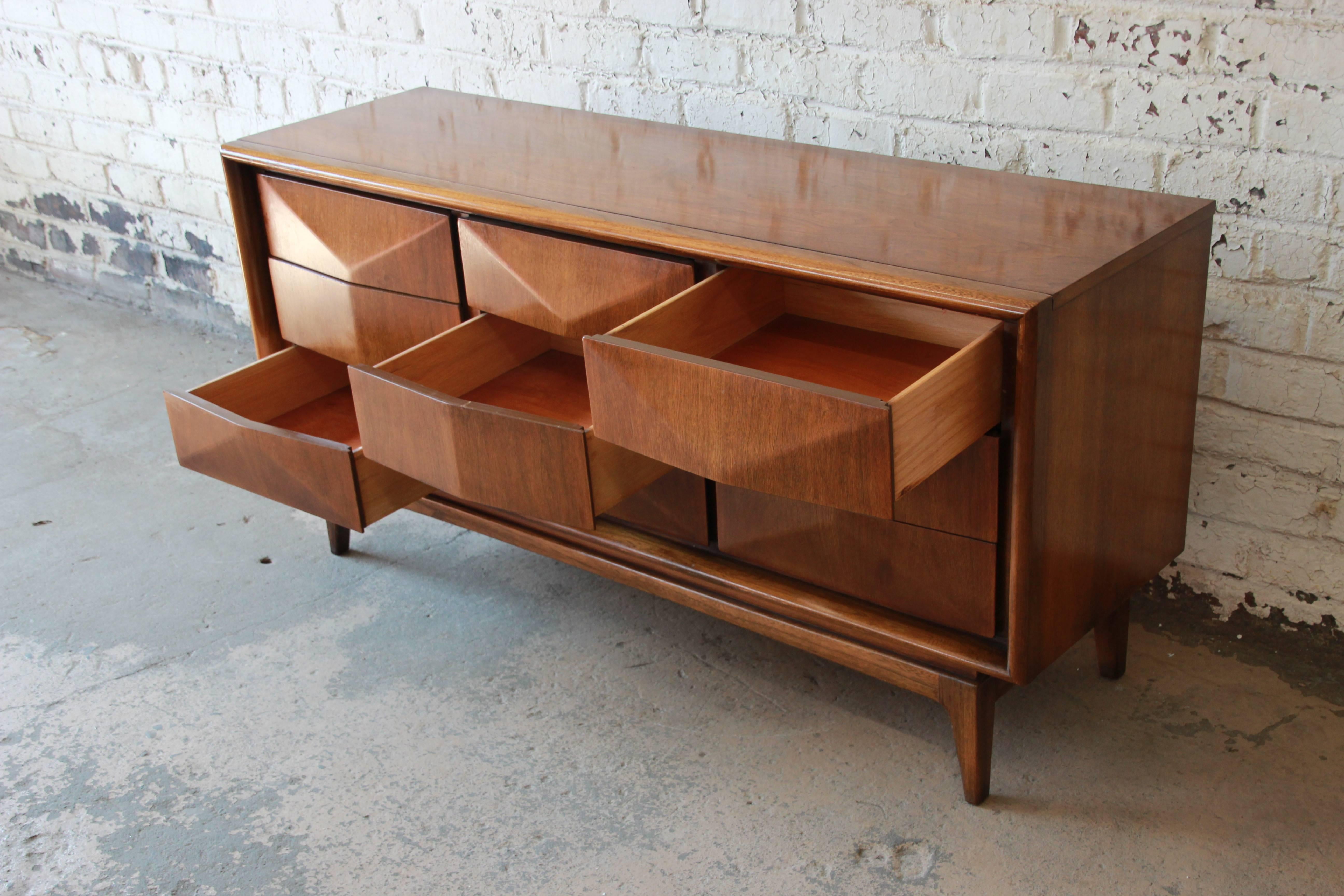 Walnut Diamond Front Long Dresser or Credenza by United 2