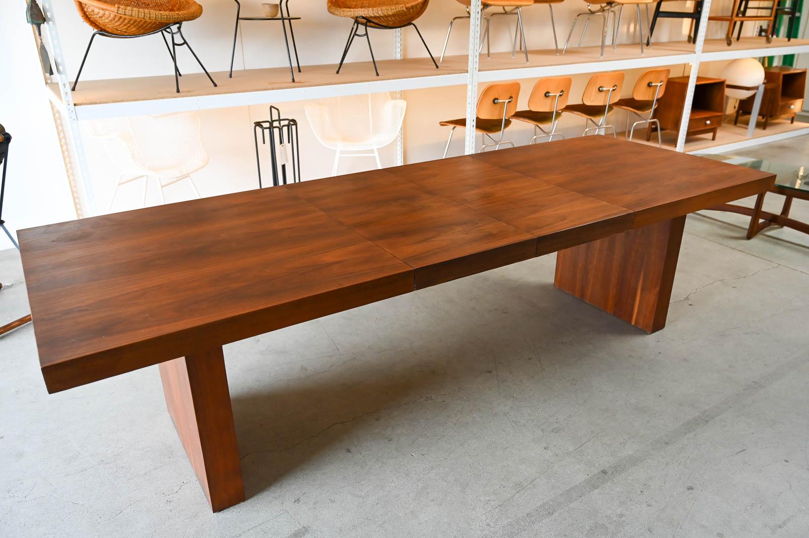 Walnut Dining Table by Merton Gershun for Dillingham Esprit Collection, ca. 1970.  Beautiful walnut slab dining or conference table with book matched walnut leaves in very good original condition with hardly any wear.  The leaves are removable