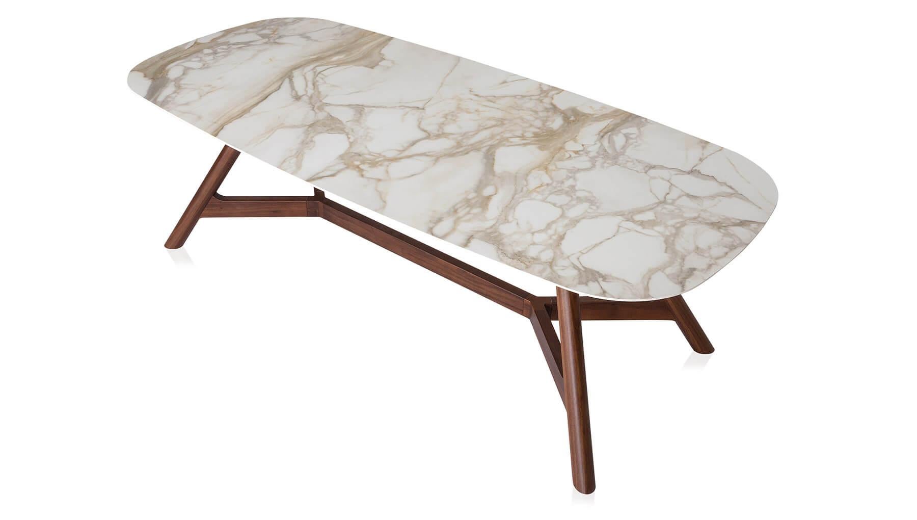 Moderne Table à manger en noyer fabriquée sur commande avec un plateau en marbre façonné en vente