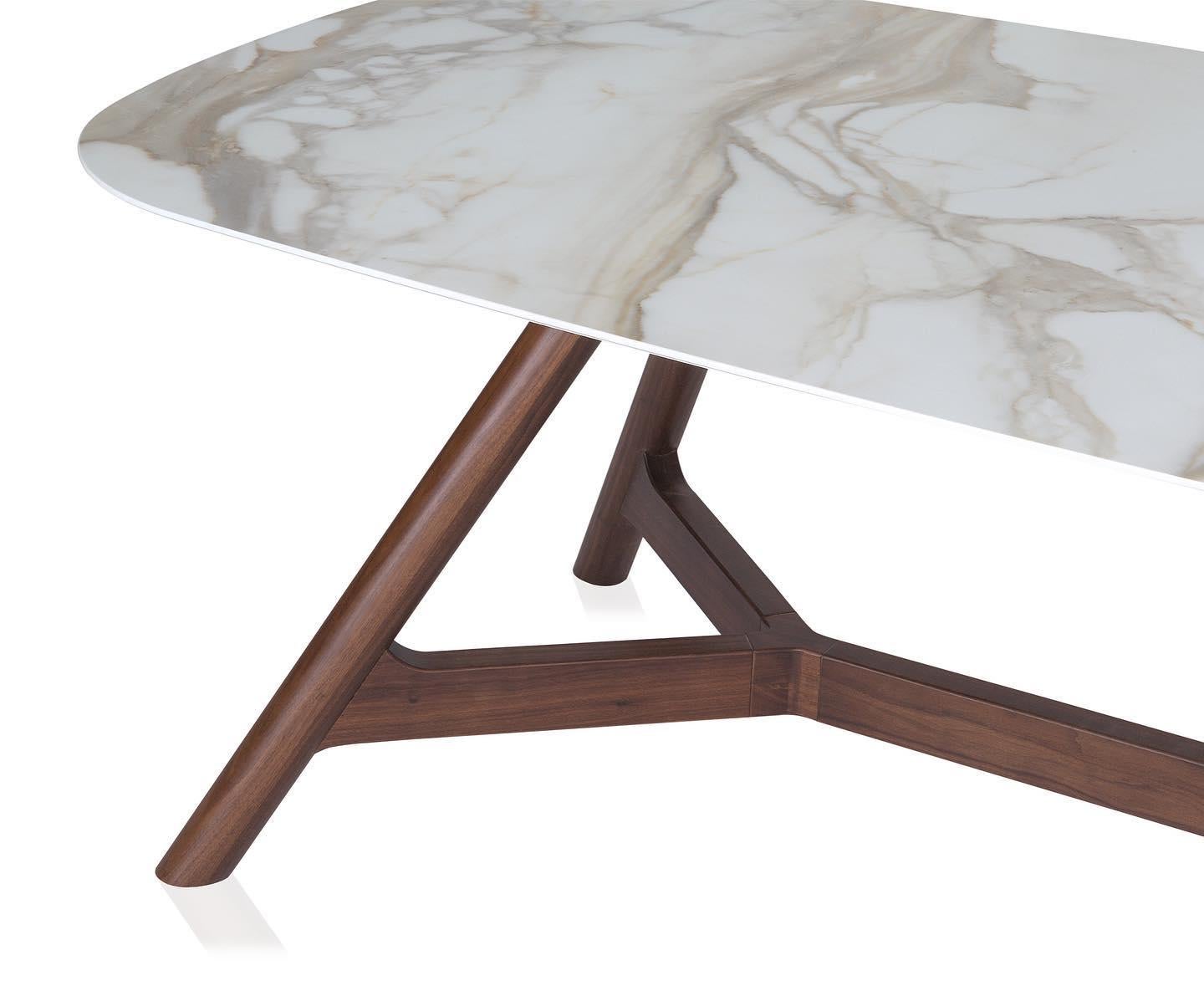 Contemporary Walnut Dining Table Made to Order with Shaped Marble Top For Sale