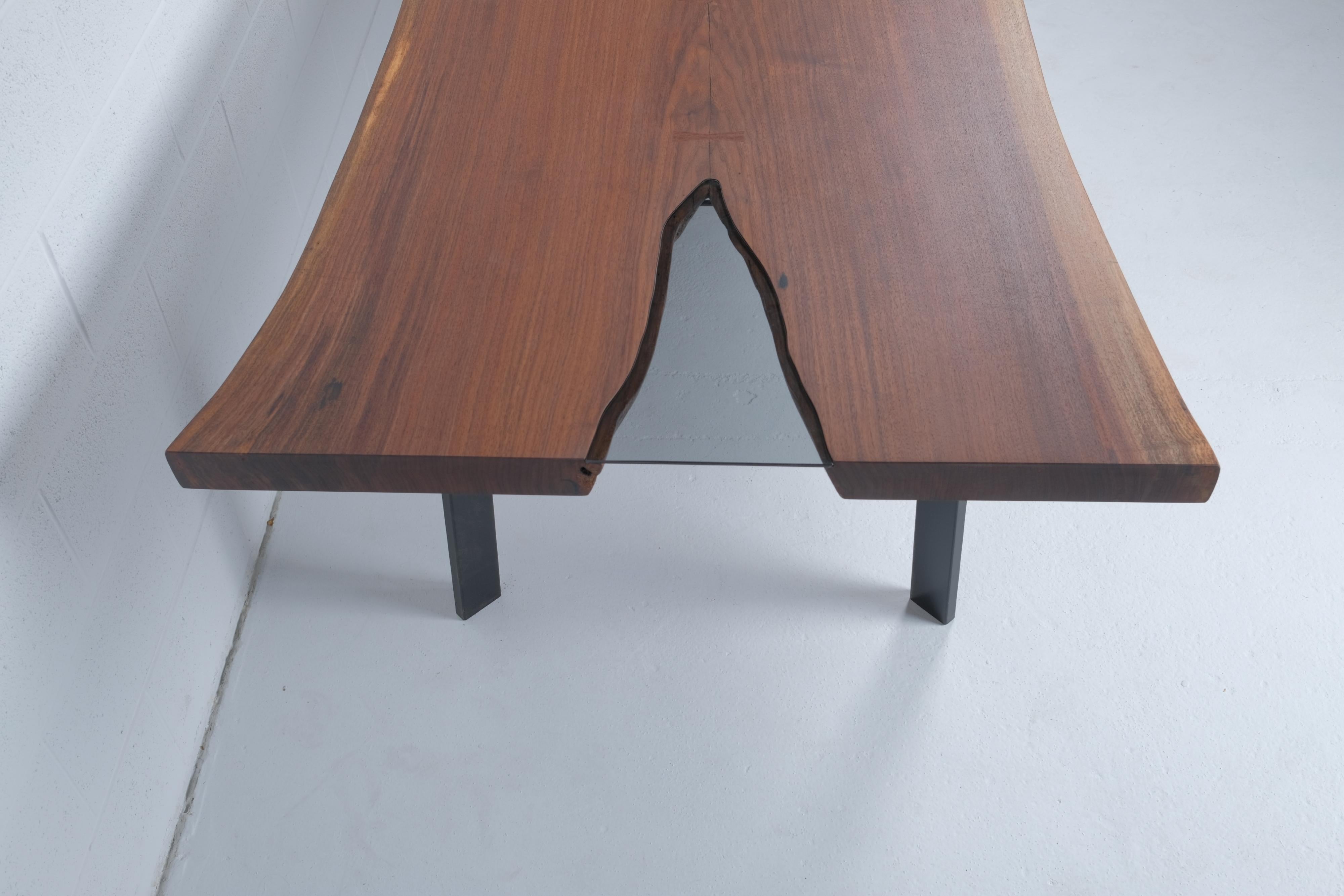 Organic Modern Walnut Live Edge Dining Table with Smoked Inset Glass For Sale