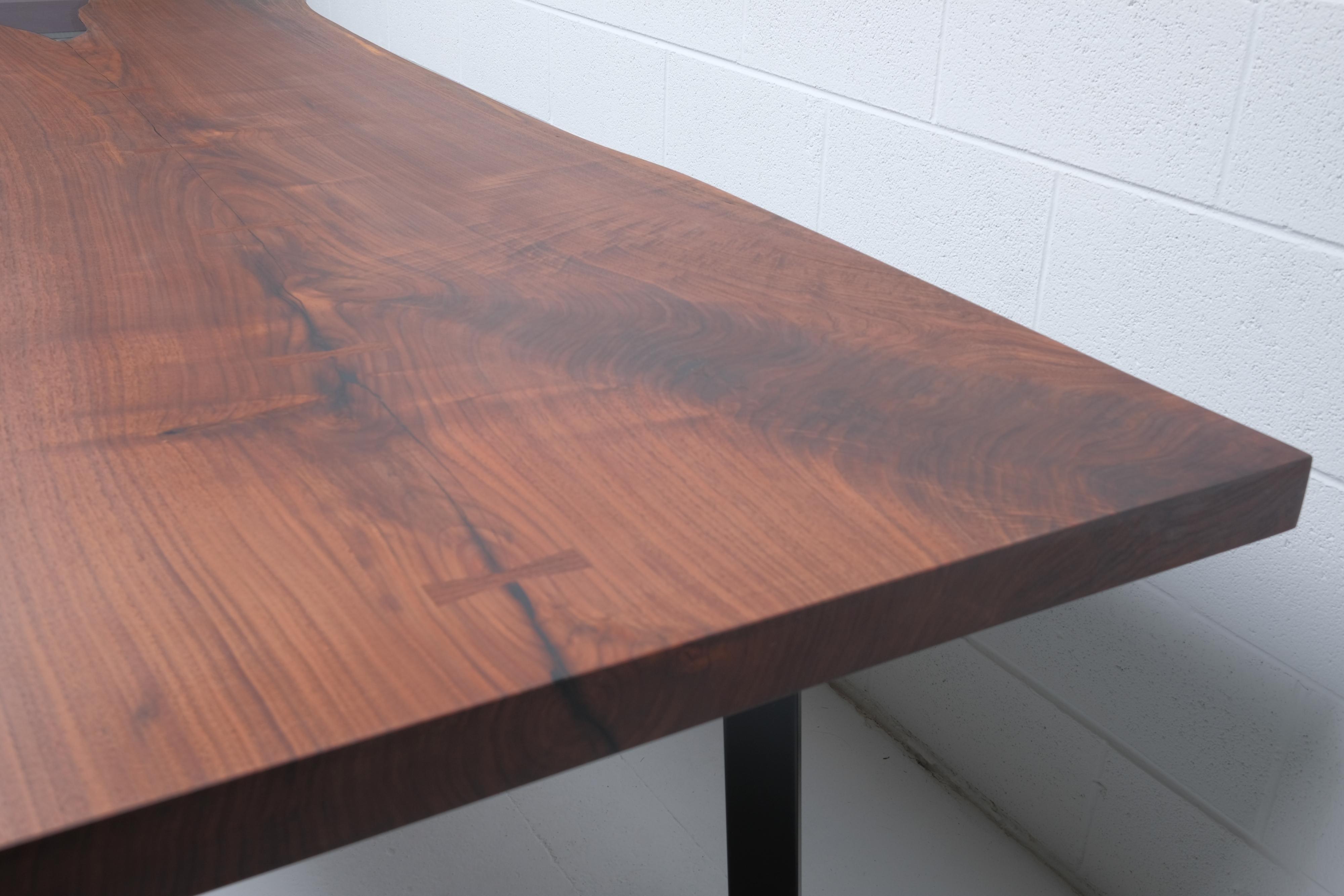 American Walnut Live Edge Dining Table with Smoked Inset Glass For Sale