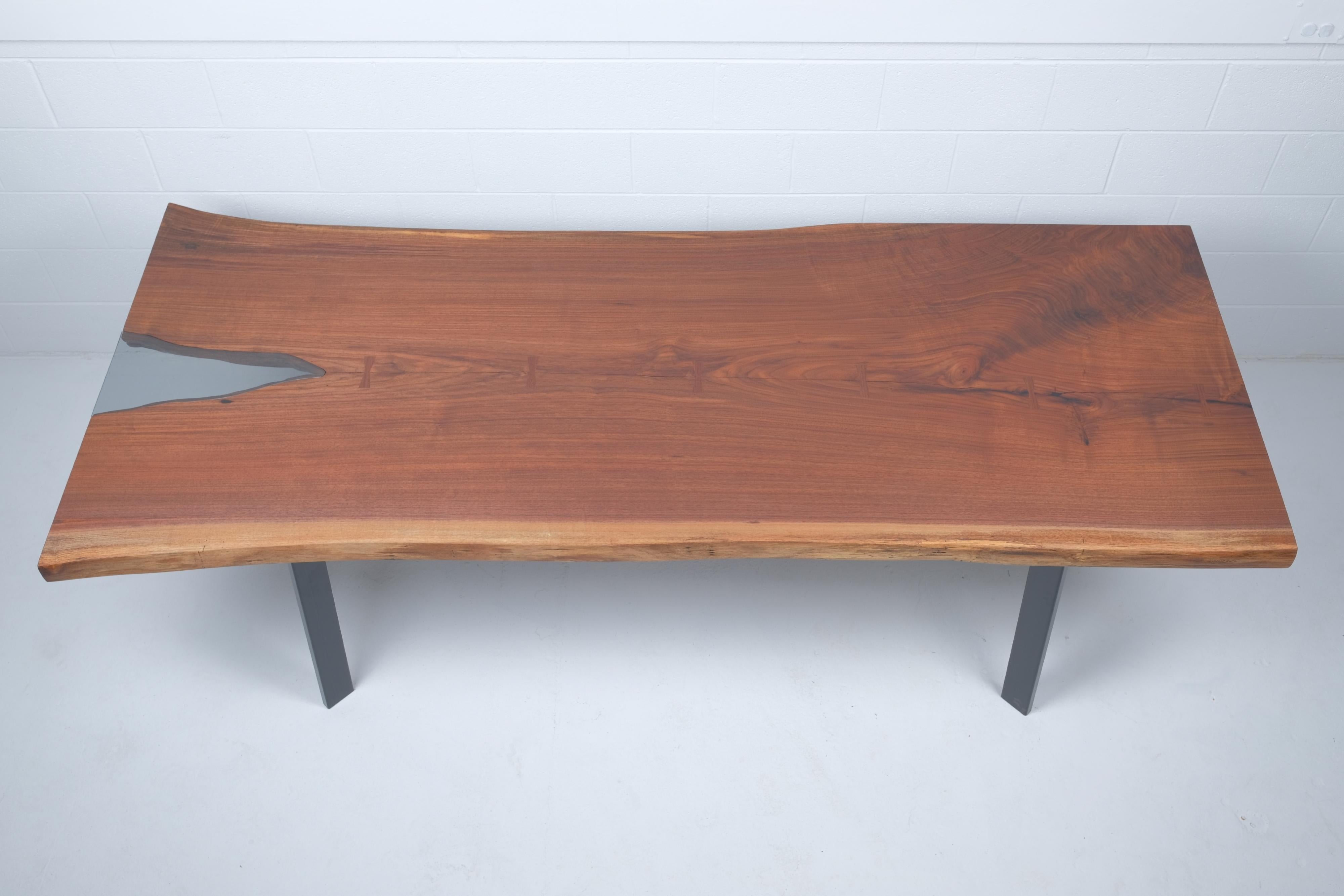 Oiled Walnut Live Edge Dining Table with Smoked Inset Glass For Sale