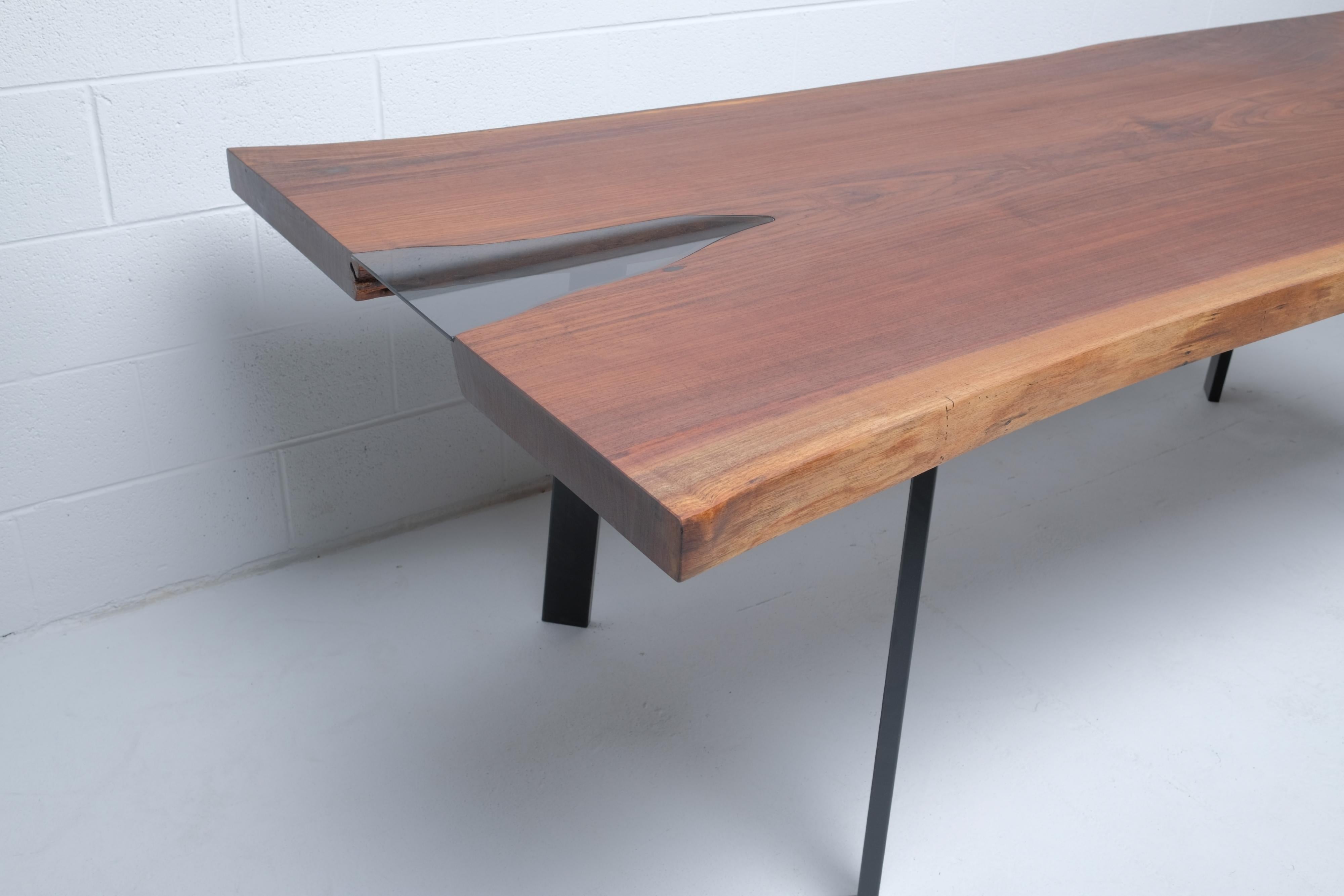 Contemporary Walnut Live Edge Dining Table with Smoked Inset Glass For Sale