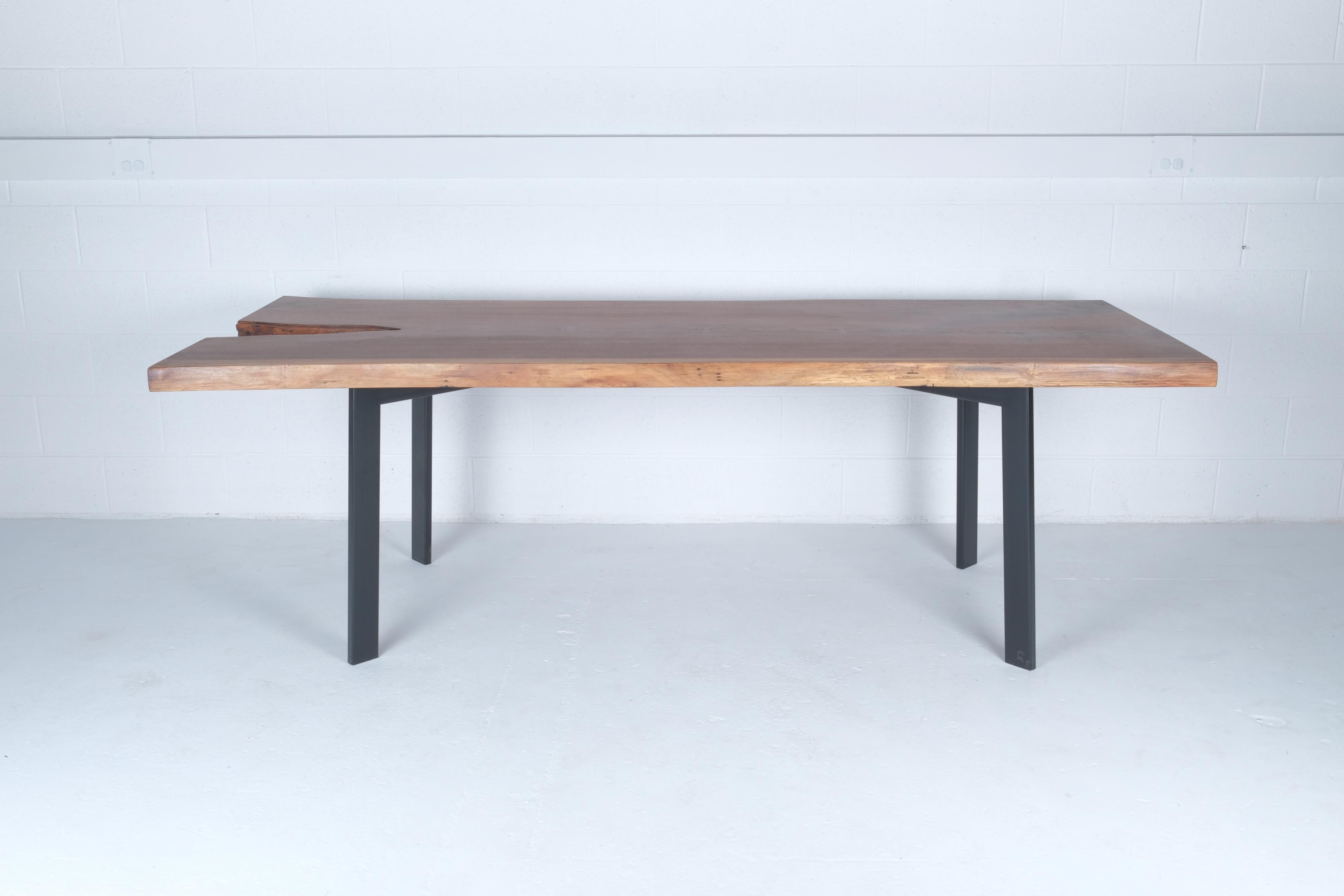 Metal Walnut Live Edge Dining Table with Smoked Inset Glass For Sale