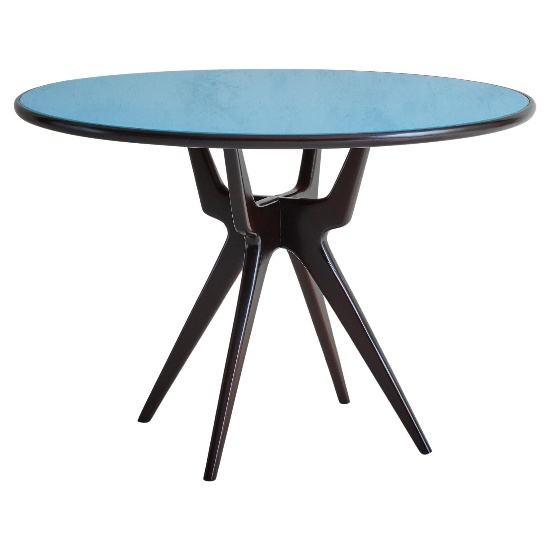 Walnut Dining Table with Blue Back Painted Glass Top, Italy 1960s For Sale