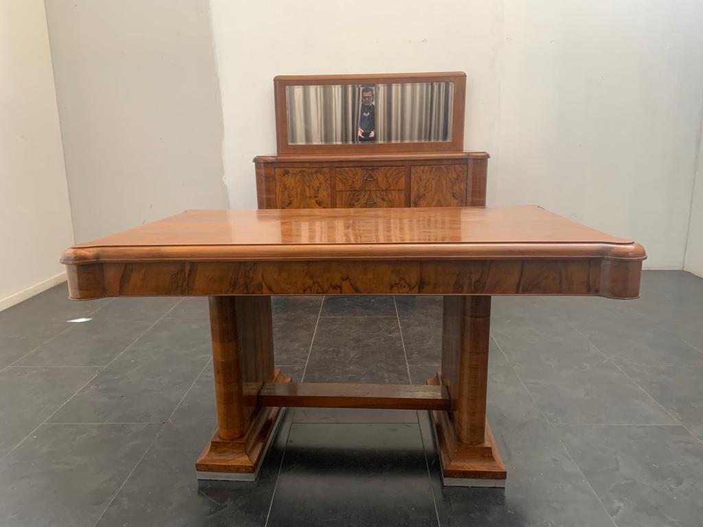 Tavolo da pranzo in noce con base in acciaio con piume di noce, anni '40 in vendita 1