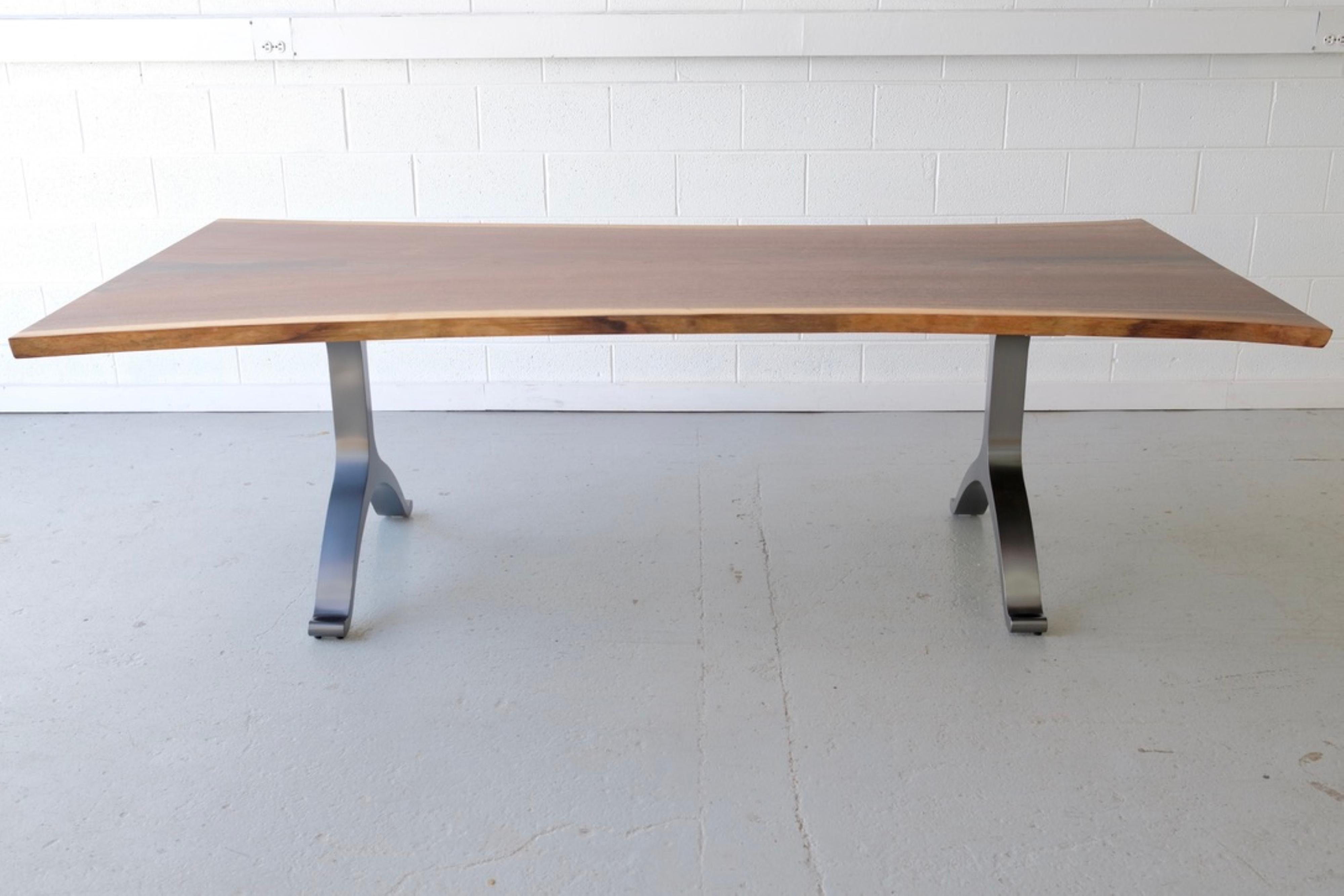 Stainless Steel Walnut Dining Table with Wishbone Legs For Sale