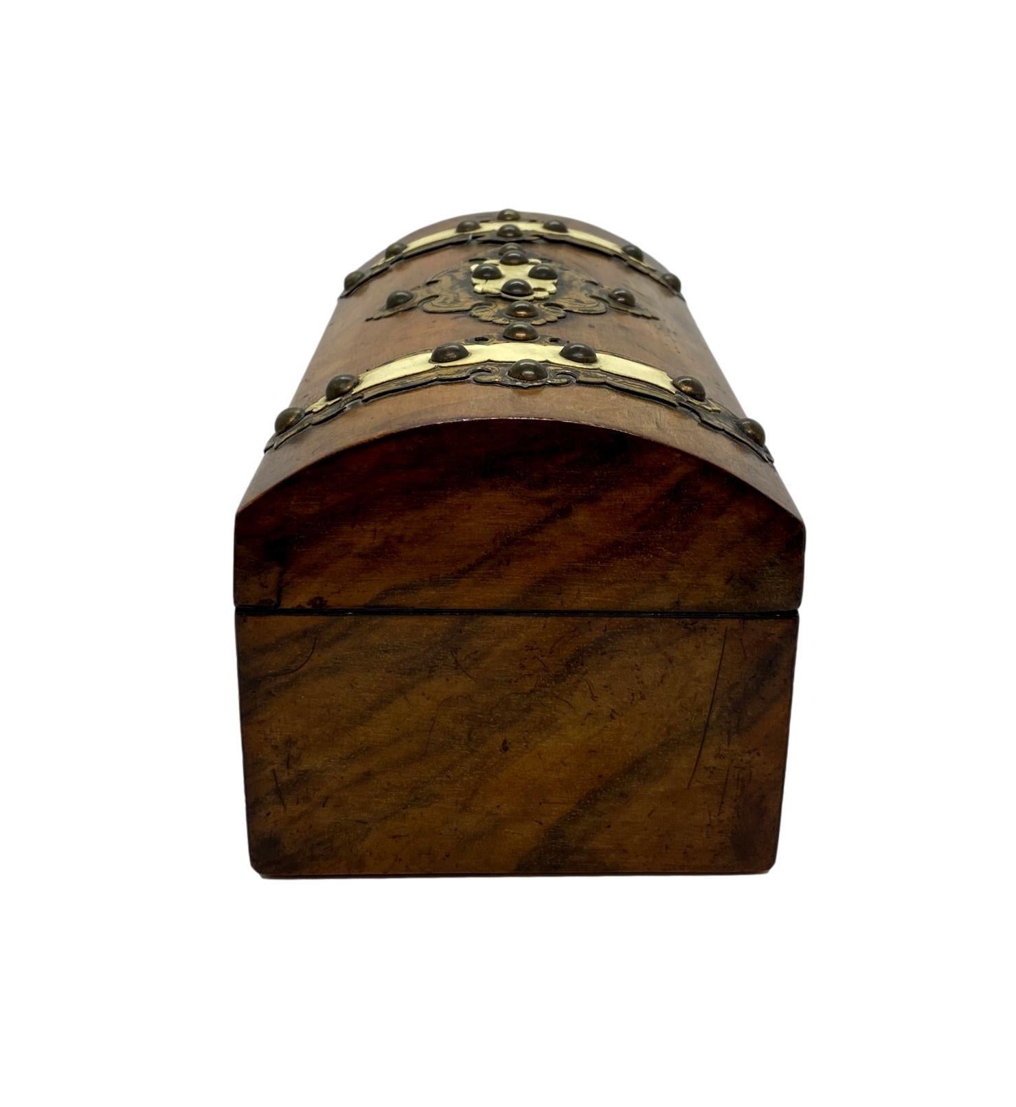 Victorian Walnut Dome Top Tea Caddy with Brass and Bone Decoration, English, circa 1870 For Sale