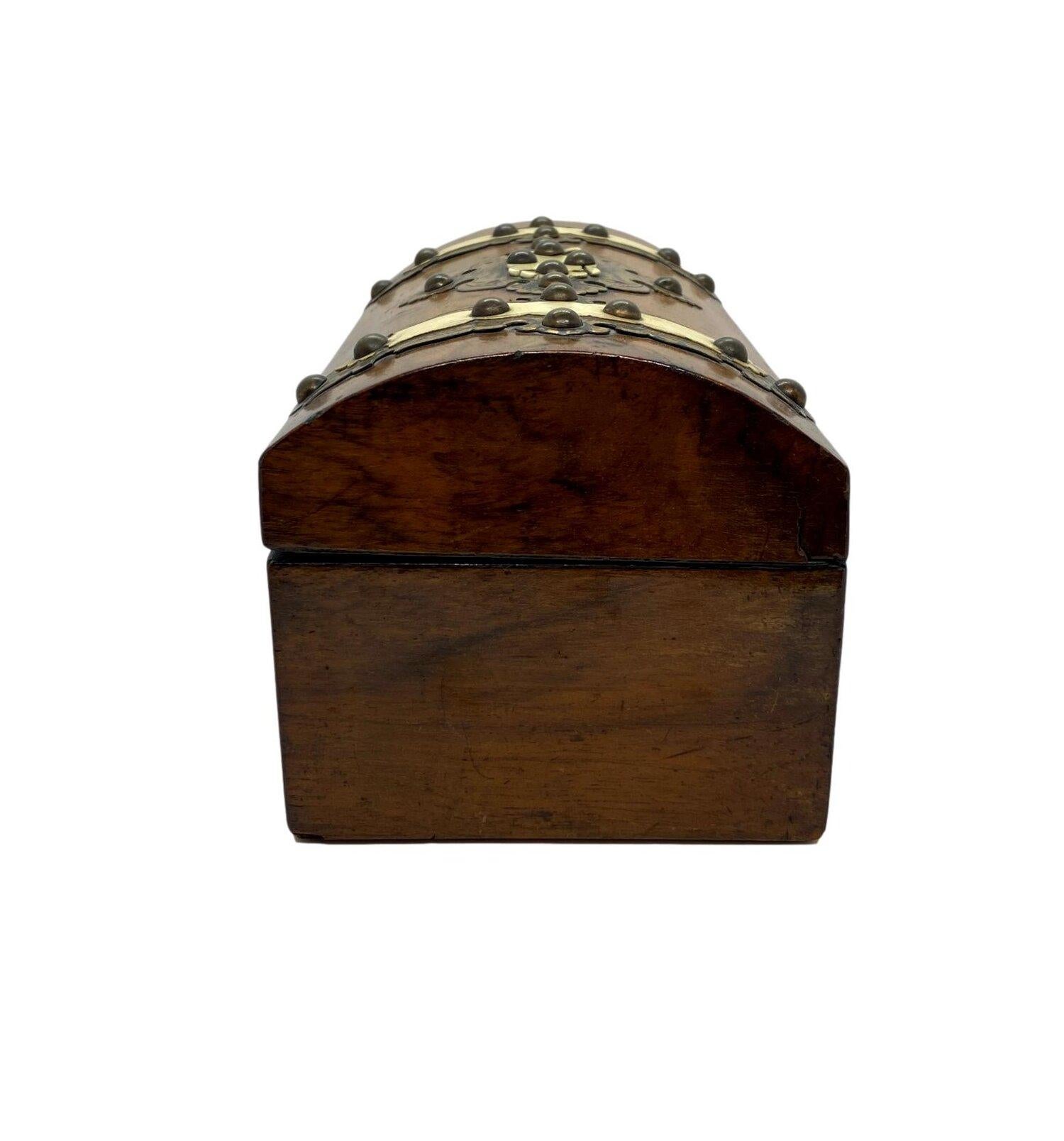 19th Century Walnut Dome Top Tea Caddy with Brass and Bone Decoration, English, circa 1870 For Sale