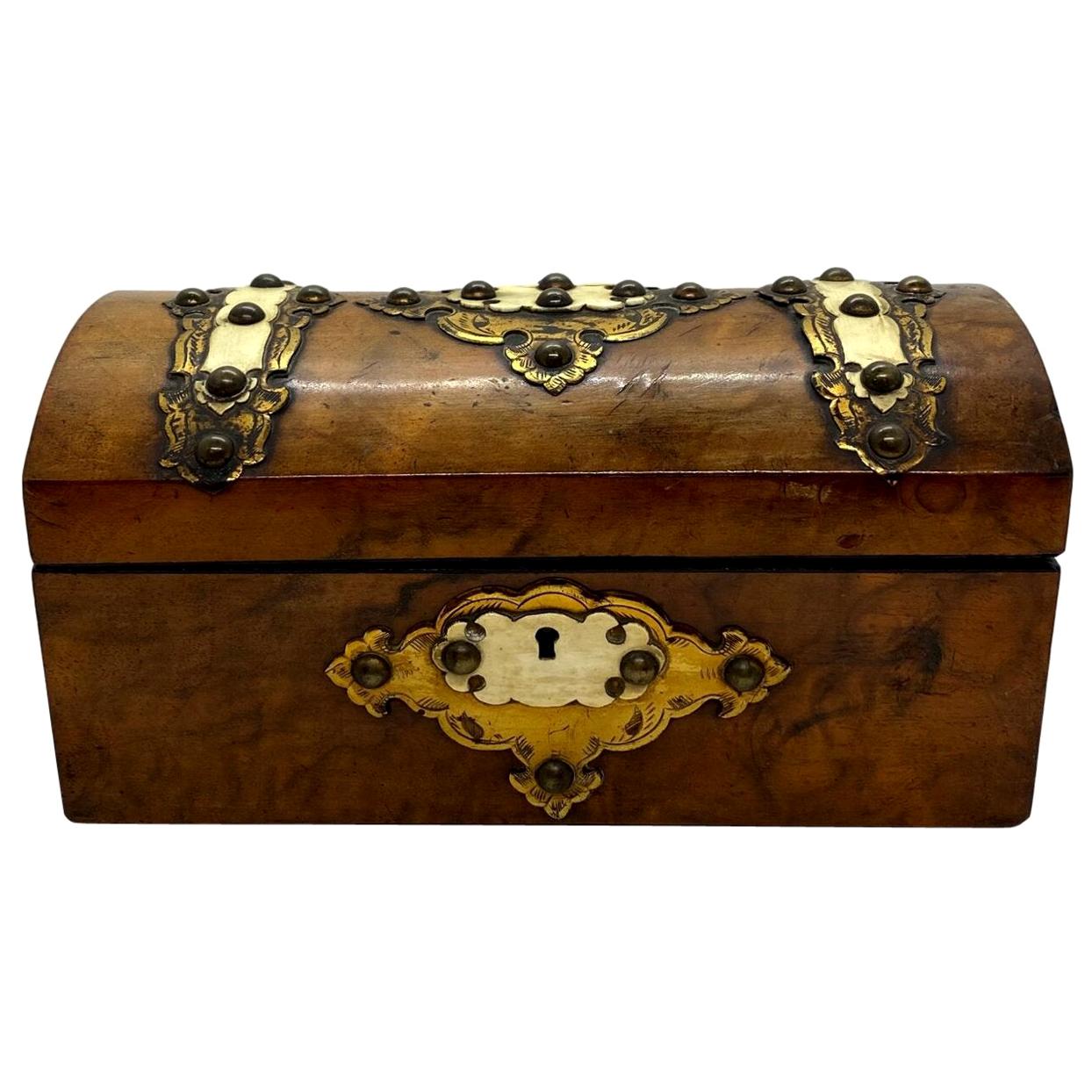 Walnut Dome Top Tea Caddy with Brass and Bone Decoration, English, circa 1870 For Sale