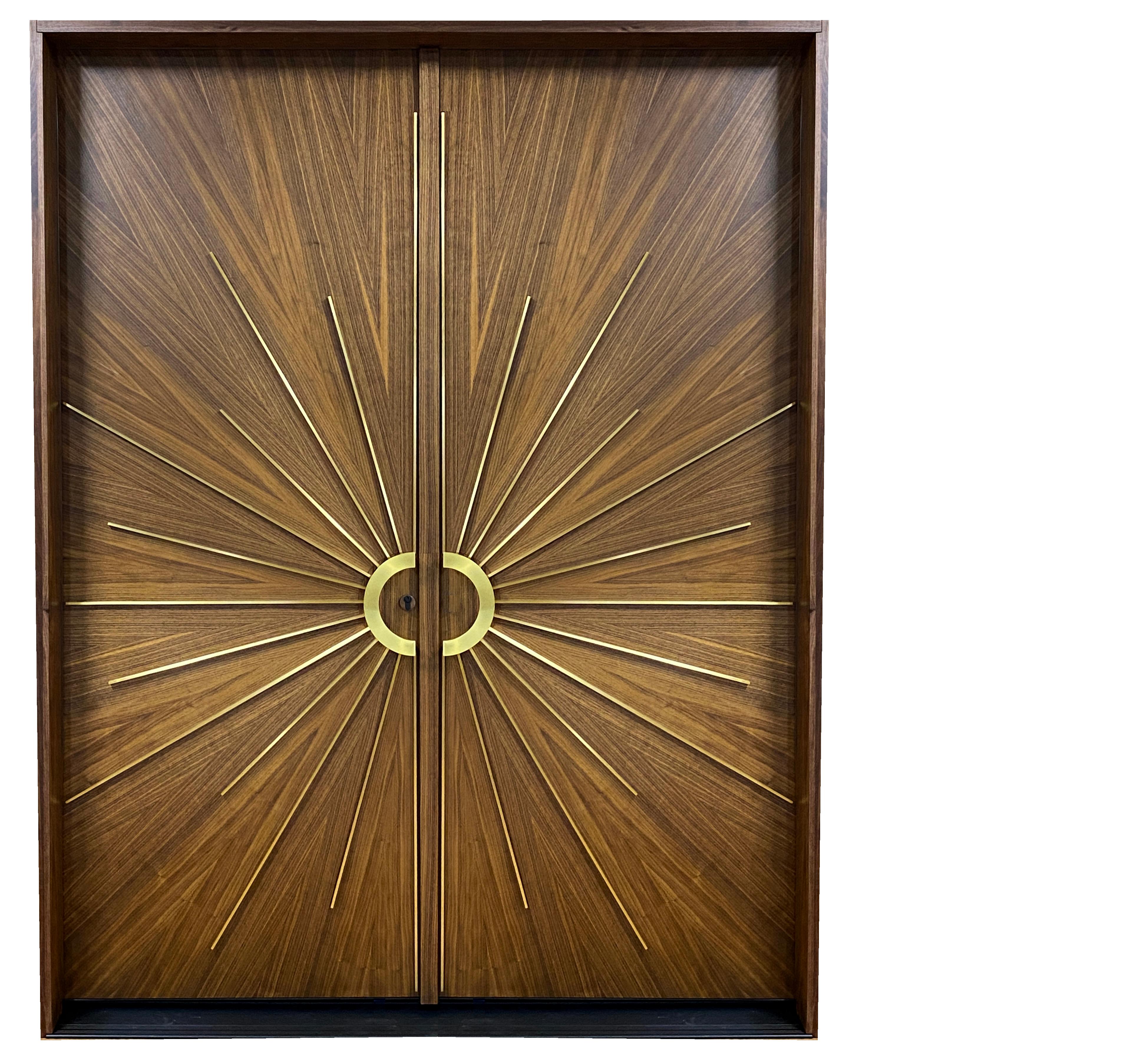 Walnut Double Entry Door Radial Sunburst In New Condition For Sale In South Charleston, WV