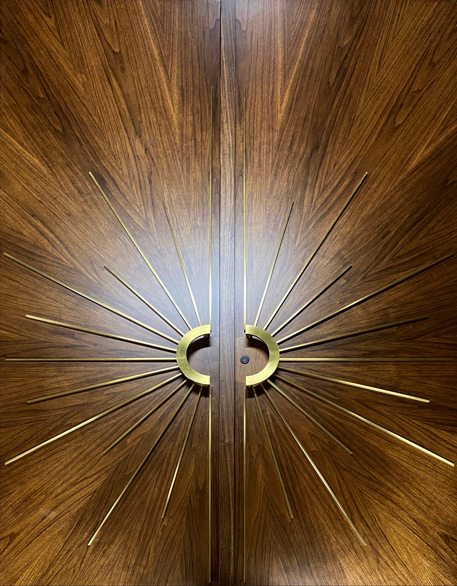 Contemporary Walnut Double Entry Door Radial Sunburst For Sale