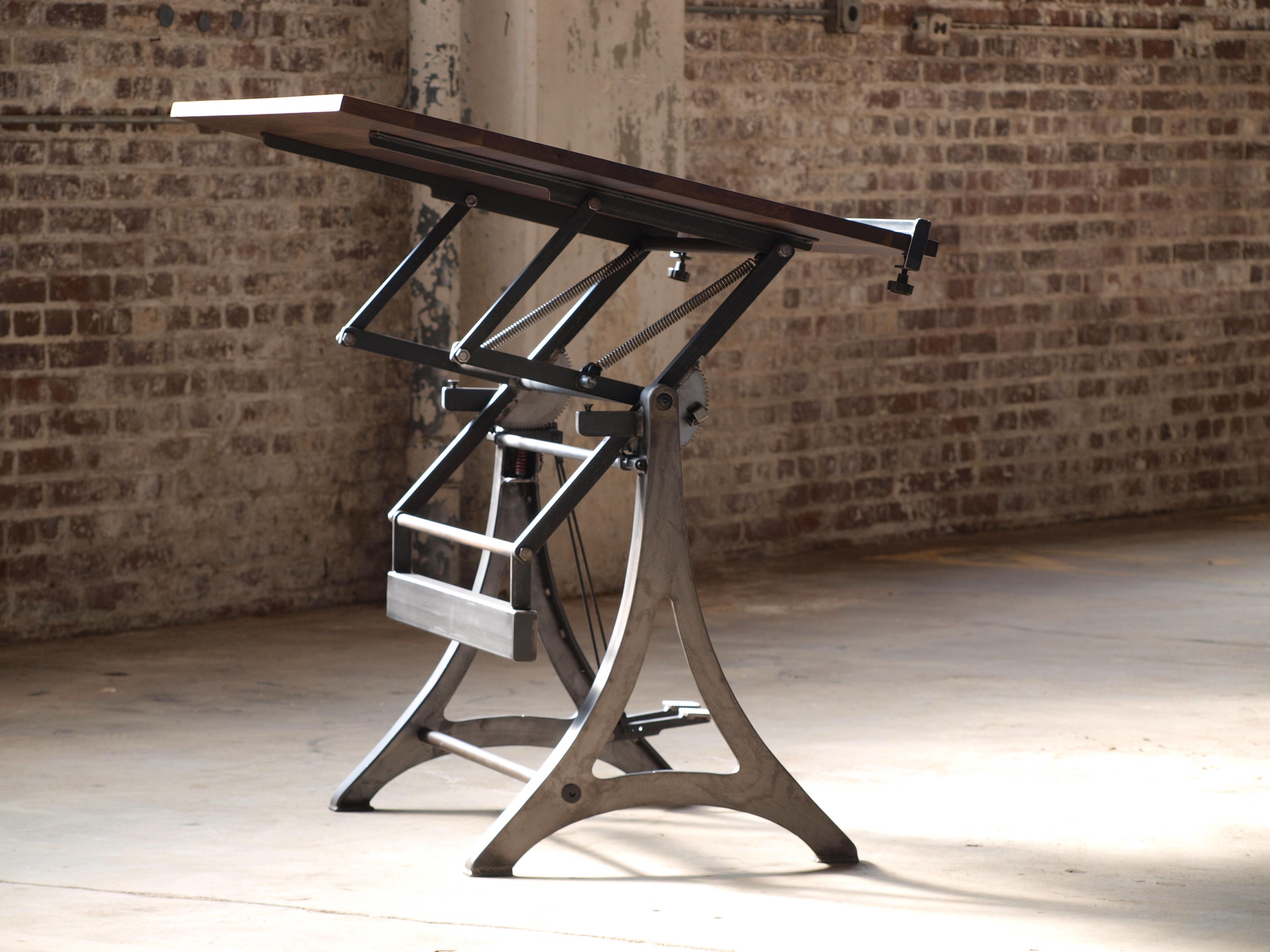 Metalwork Walnut Drafting Table Adjustable Lift and Tilt  Steel Base For Sale