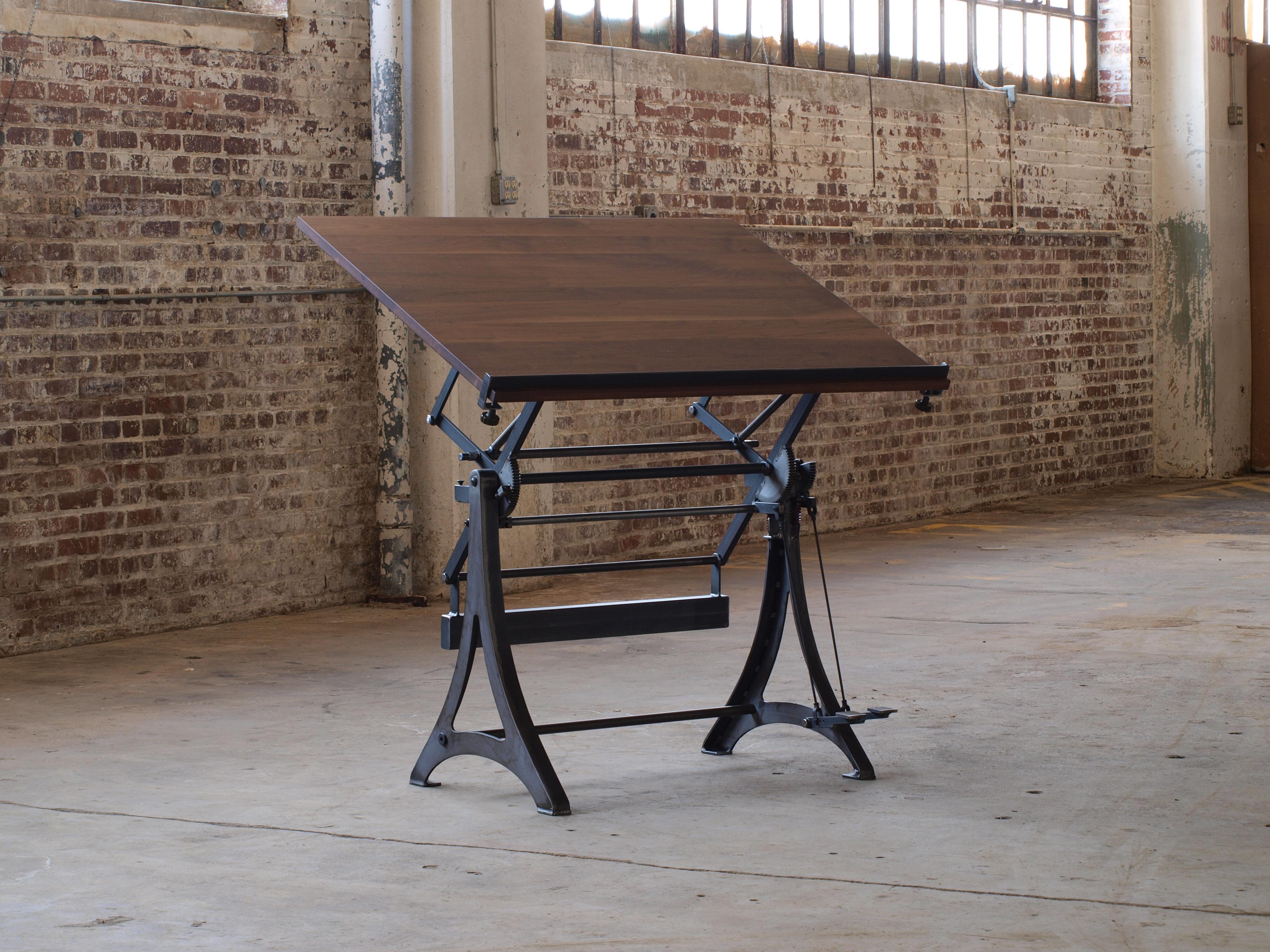 American Walnut Drafting Table Adjustable Lift and Tilt  Steel Base For Sale