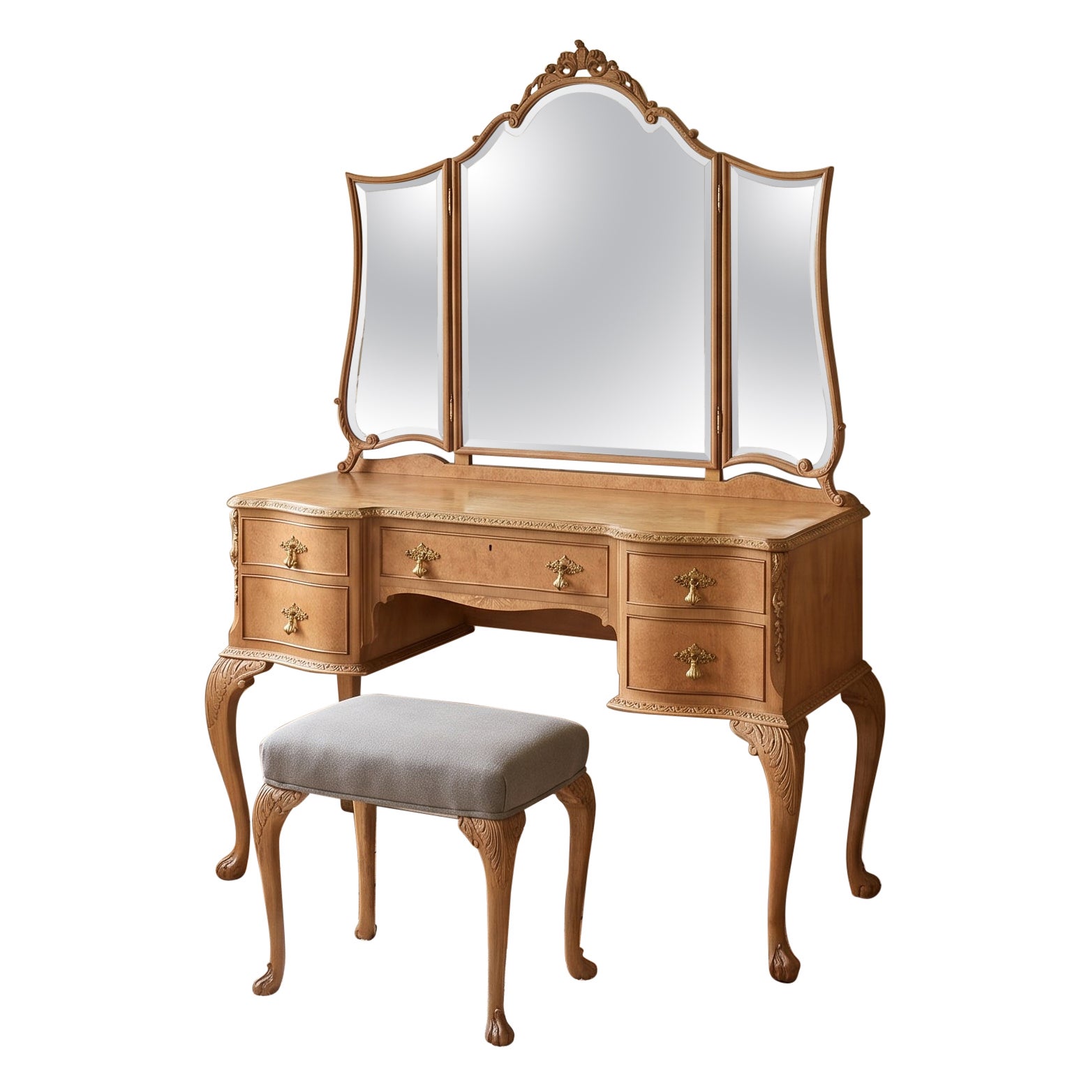 Walnut Dressing Table With Triple Mirror And Stool