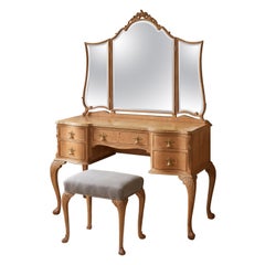 Walnut Dressing Table With Triple Mirror And Stool