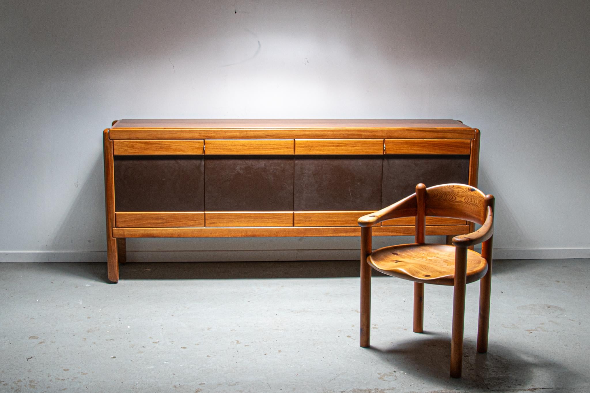 Late 20th Century Walnut Dressoir with leather inlay doors and brass details by Van Den Bergh Pauv