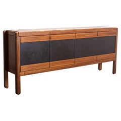 Walnut Dressoir with leather inlay doors and brass details by Van Den Bergh Pauv