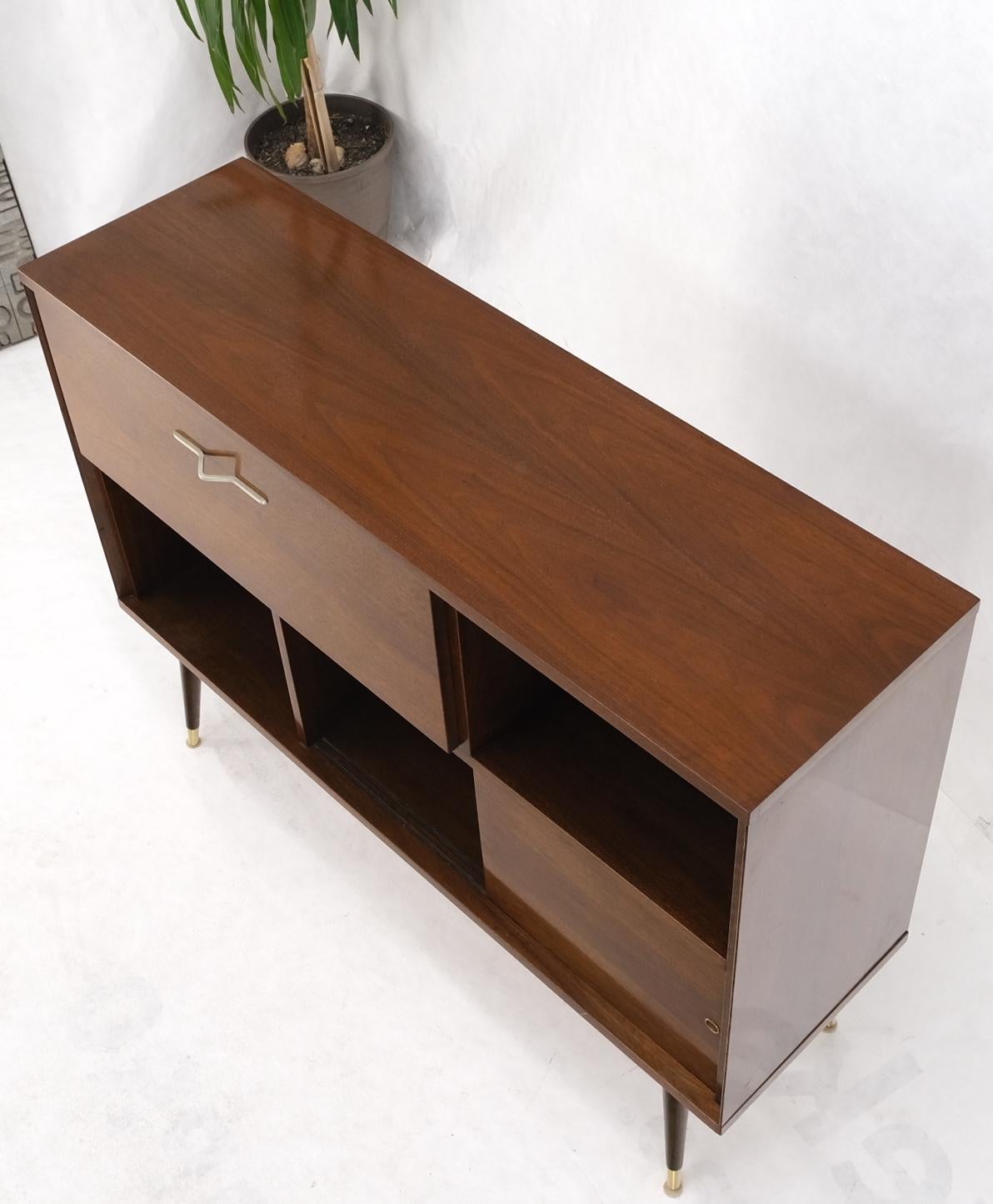 Mid-Century Modern Walnut Drop Front Liquor Cabinet Sliding Door Credenza Tapered Brass Legs Mint