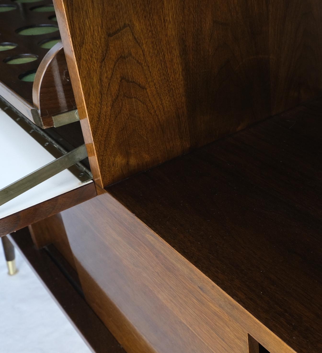 Walnut Drop Front Liquor Cabinet Sliding Door Credenza Tapered Brass Legs Mint In Good Condition In Rockaway, NJ