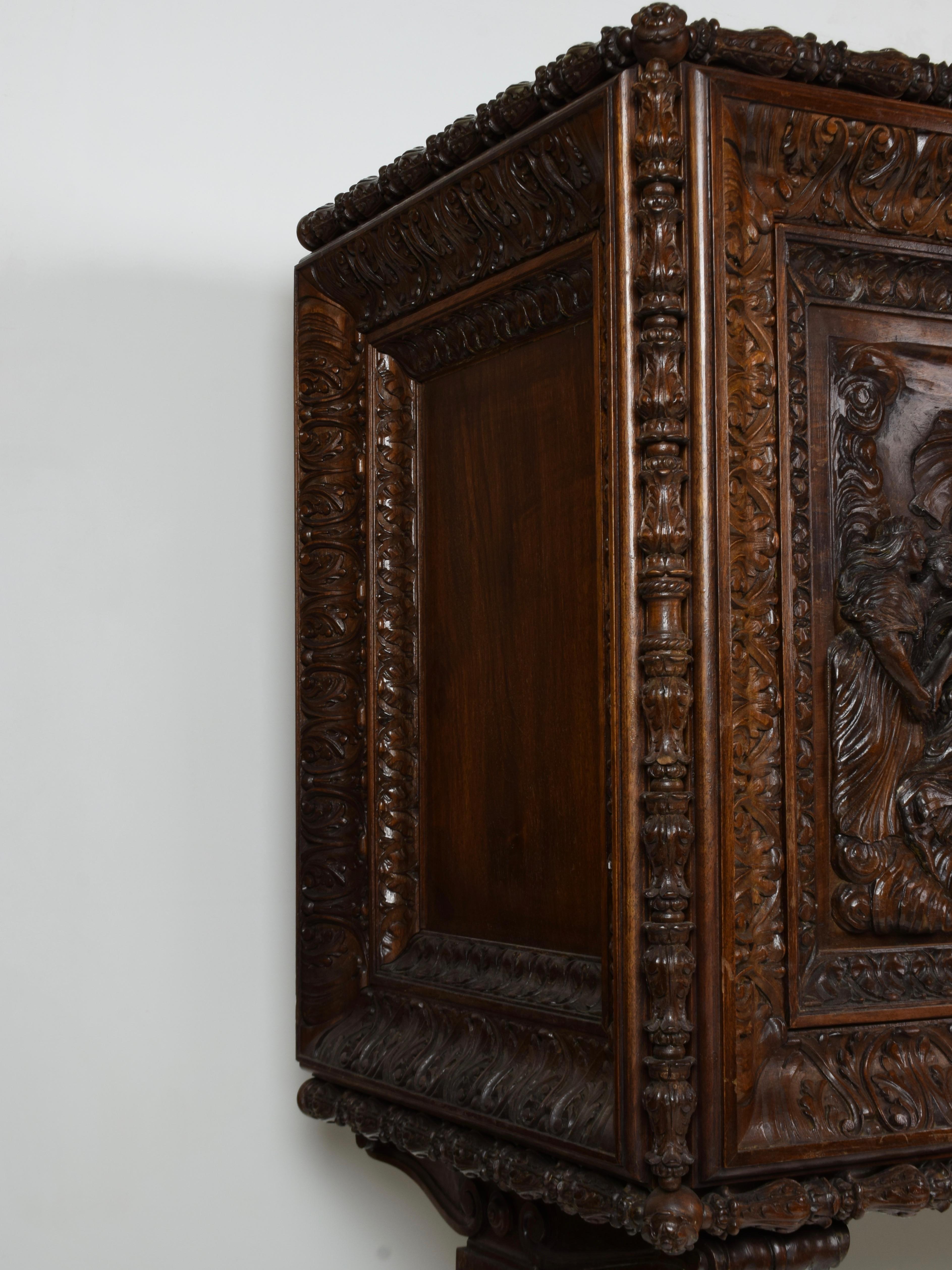 Walnut Dry Bar Cabinet Carved by Hand Depicting the 