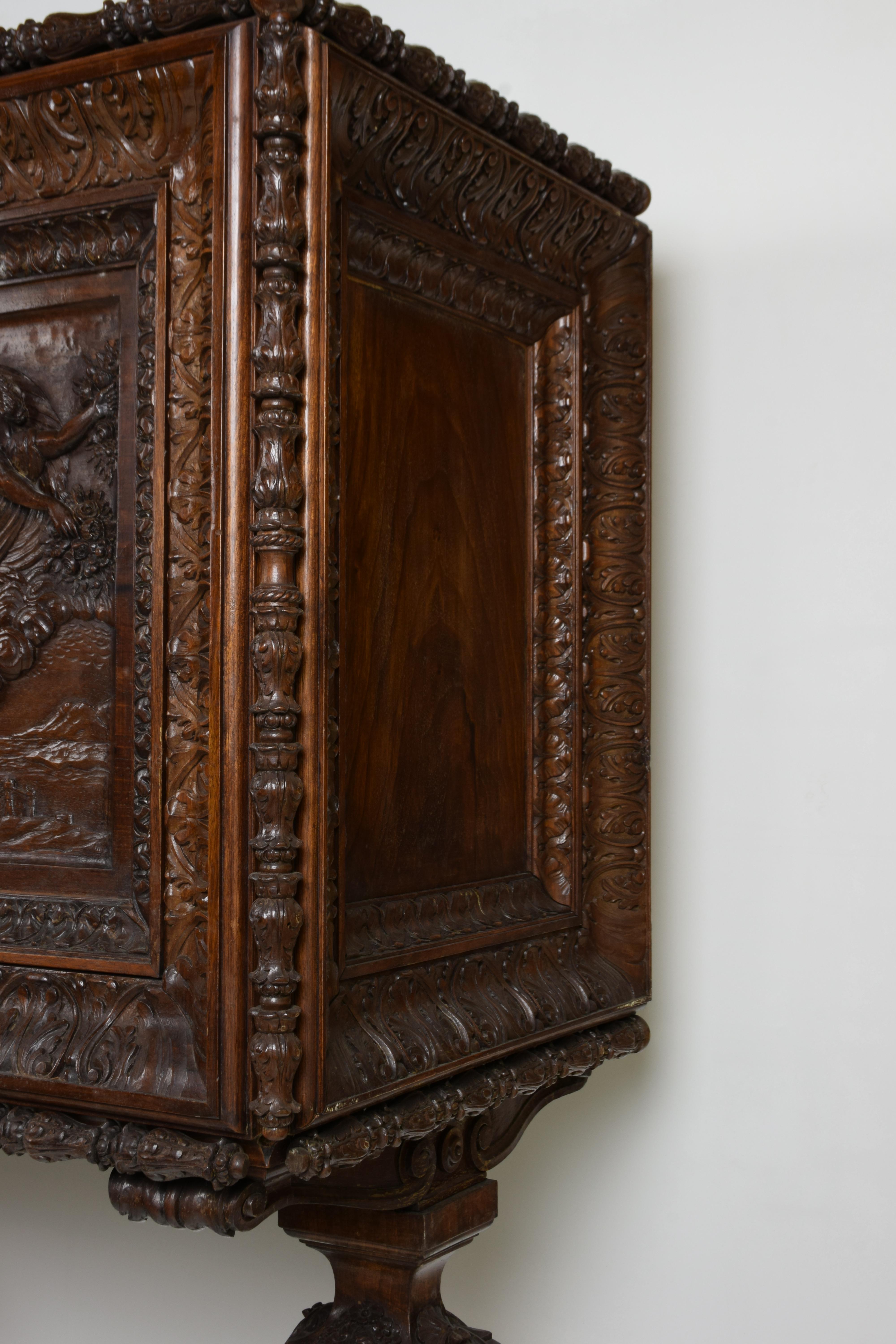 Walnut Dry Bar Cabinet Carved by Hand Depicting the 