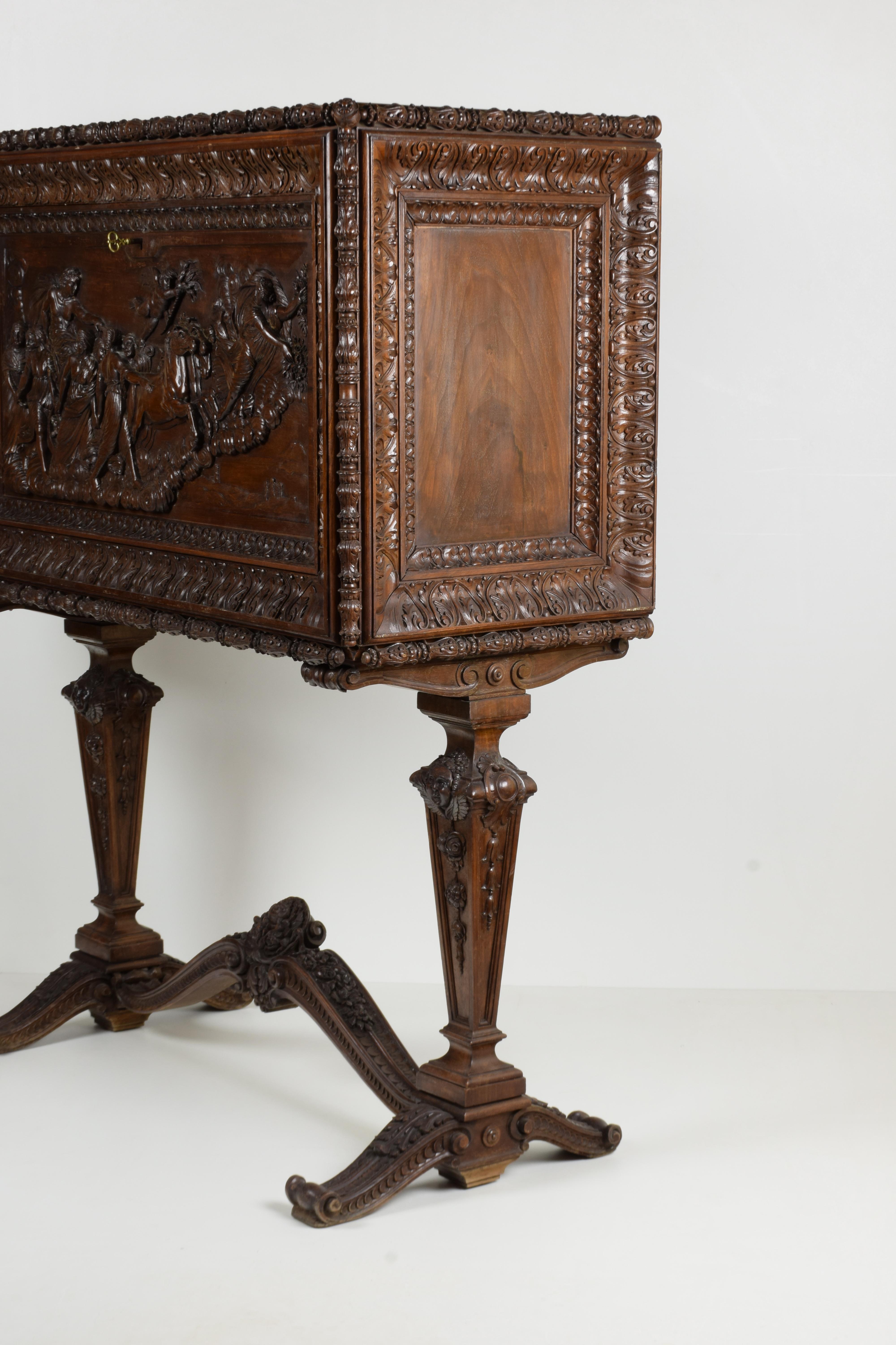 Italian Walnut Dry Bar Cabinet Carved by Hand Depicting the 