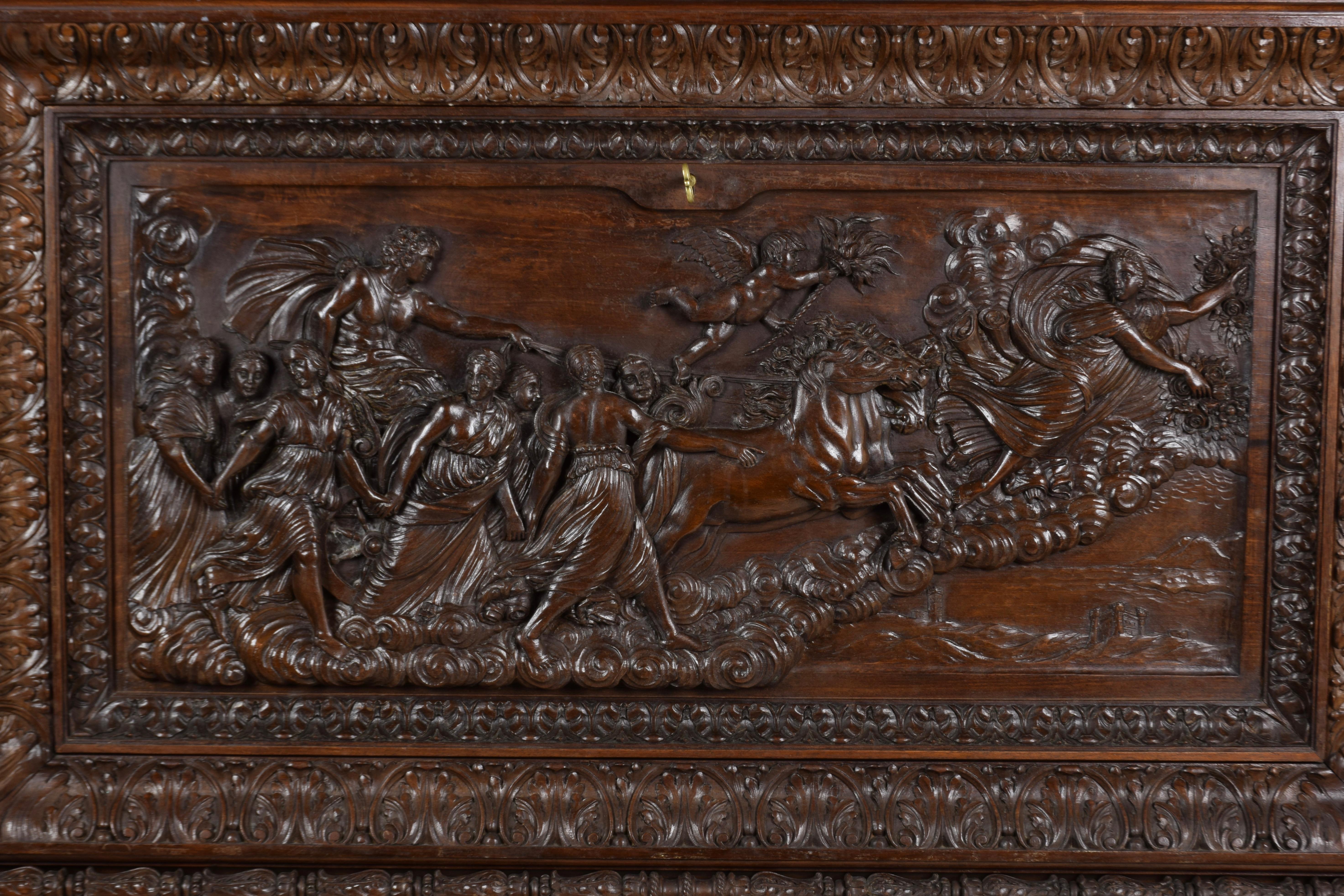 Hand-Carved Walnut Dry Bar Cabinet Carved by Hand Depicting the 