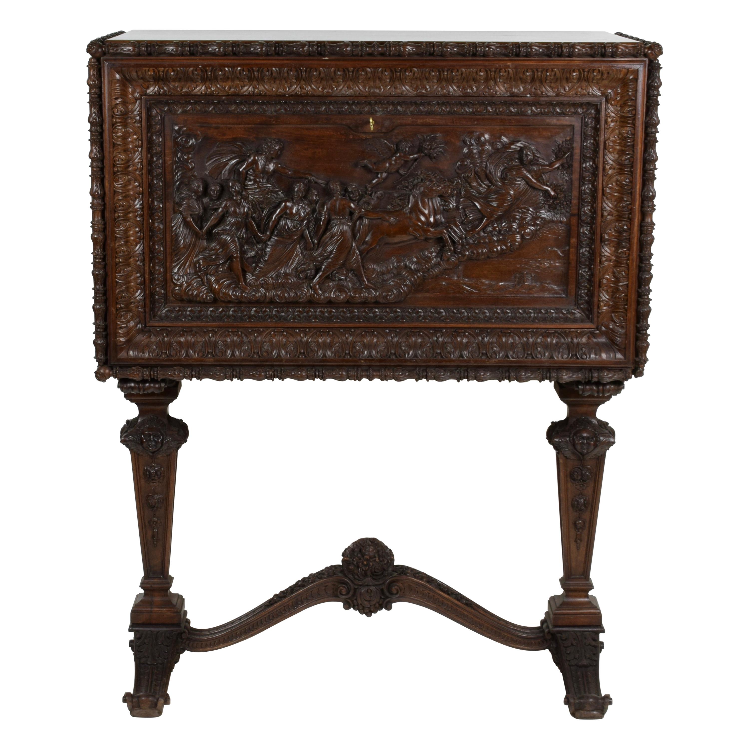 Walnut Dry Bar Cabinet Carved by Hand Depicting the "Aurora" by Guido Reni