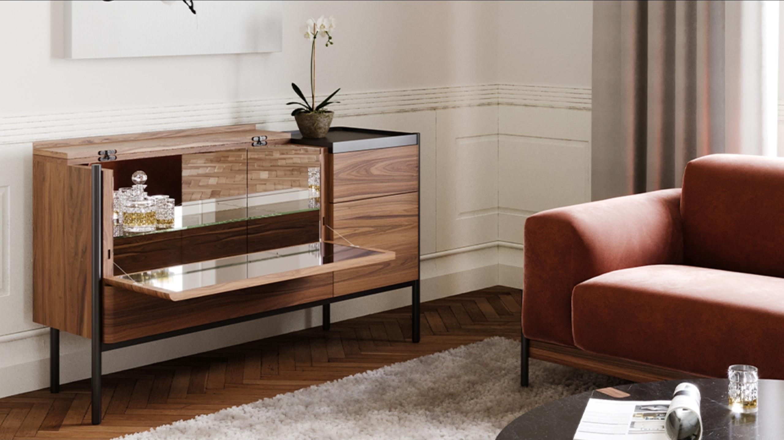 Contemporary Walnut Dry Bar Sideboard Cabinet For Sale