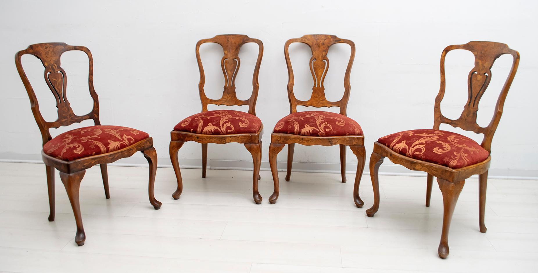 4 Dutch chairs from the Mid-20th Century. Exceptional quality chairs, richly inlaid in walnut and maple. The upholstery has been redone in worked velvet, partially restored and polished with shellac.