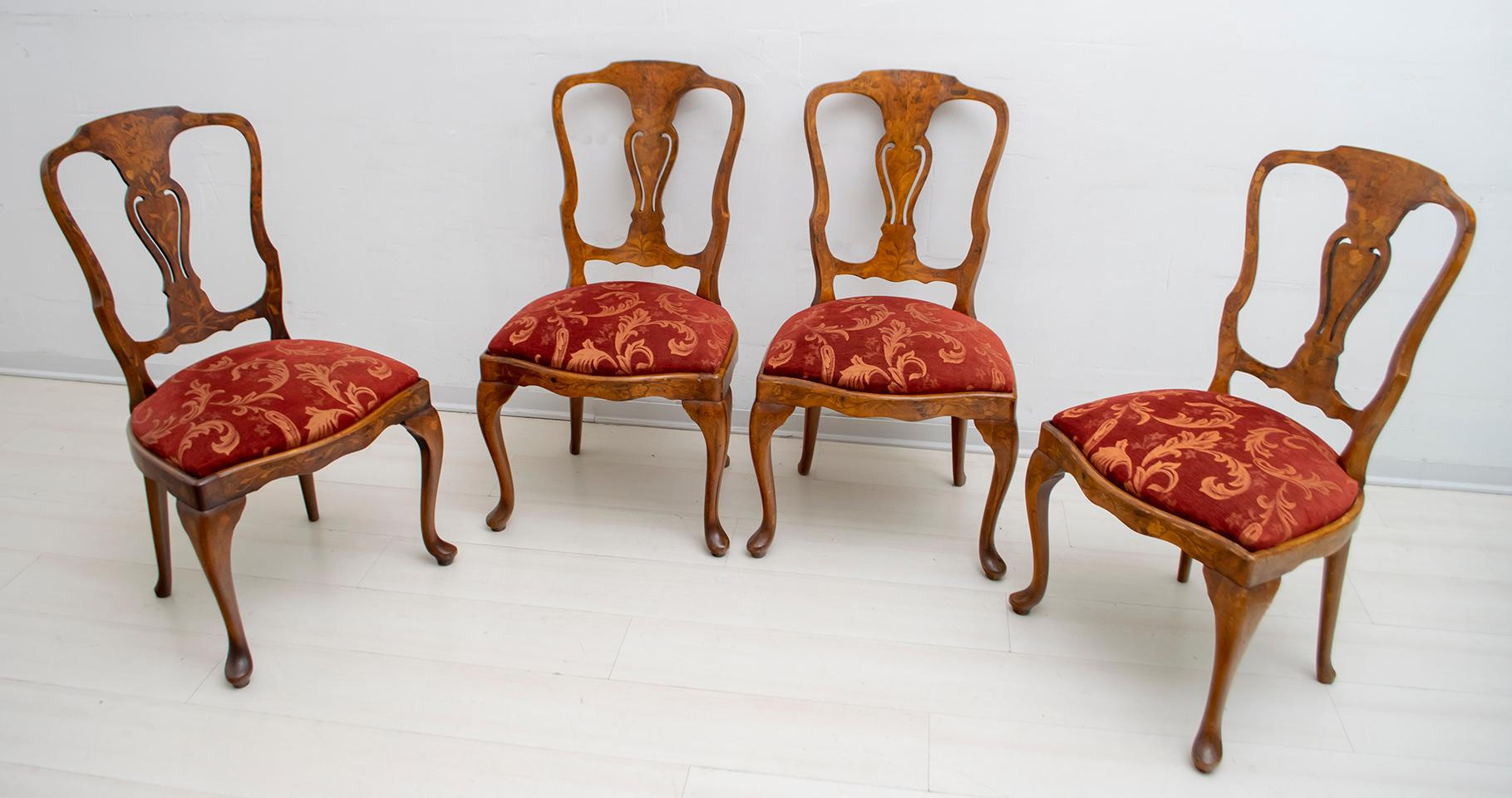 Dutch Colonial Walnut Dutch Chairs of the 20th Century with Maple Wood Inlays, Netherlands For Sale
