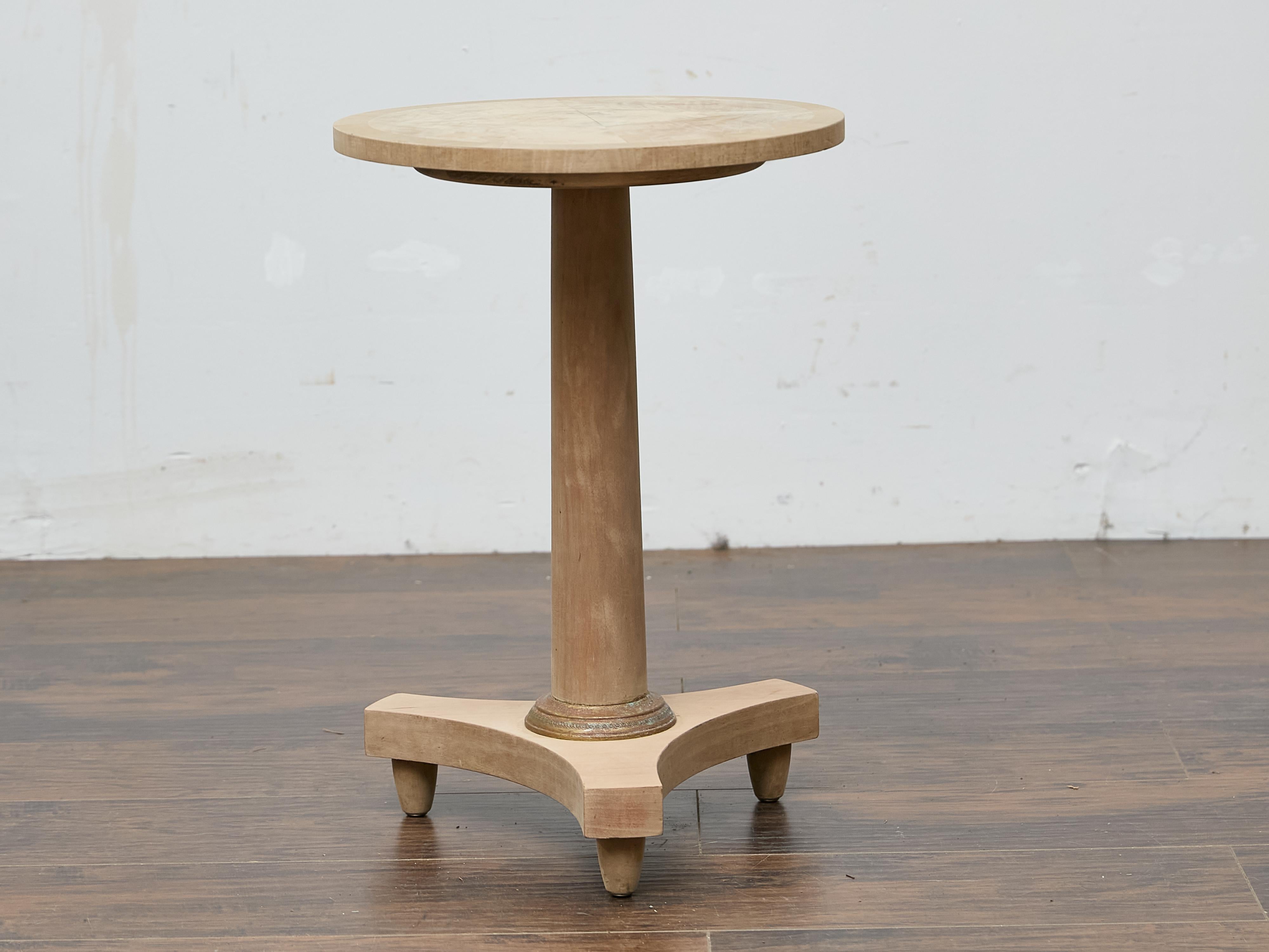 French Walnut Empire Style Side Table with Round Bookmatched Top and Bronze Detail