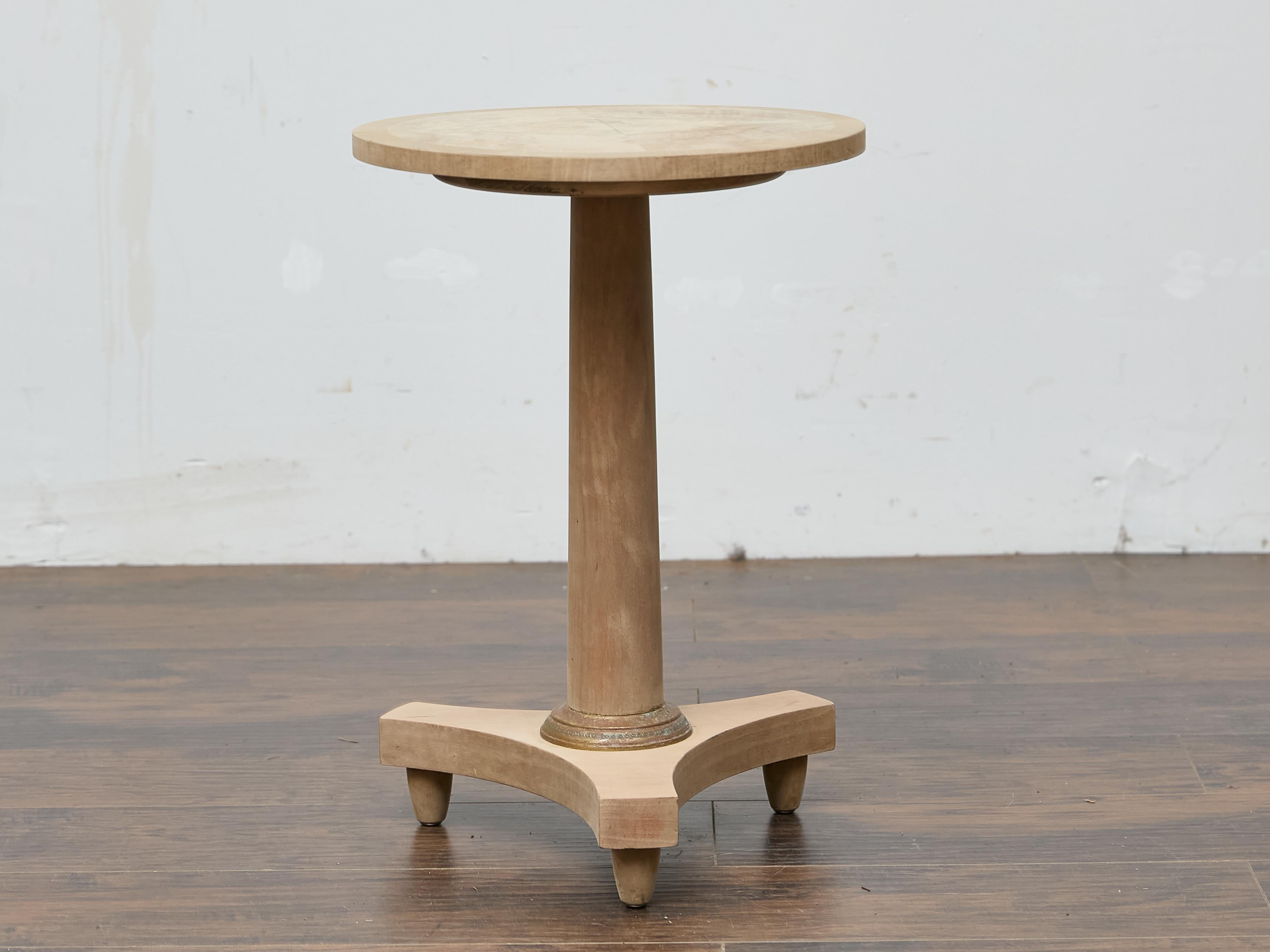 Bleached Walnut Empire Style Side Table with Round Bookmatched Top and Bronze Detail