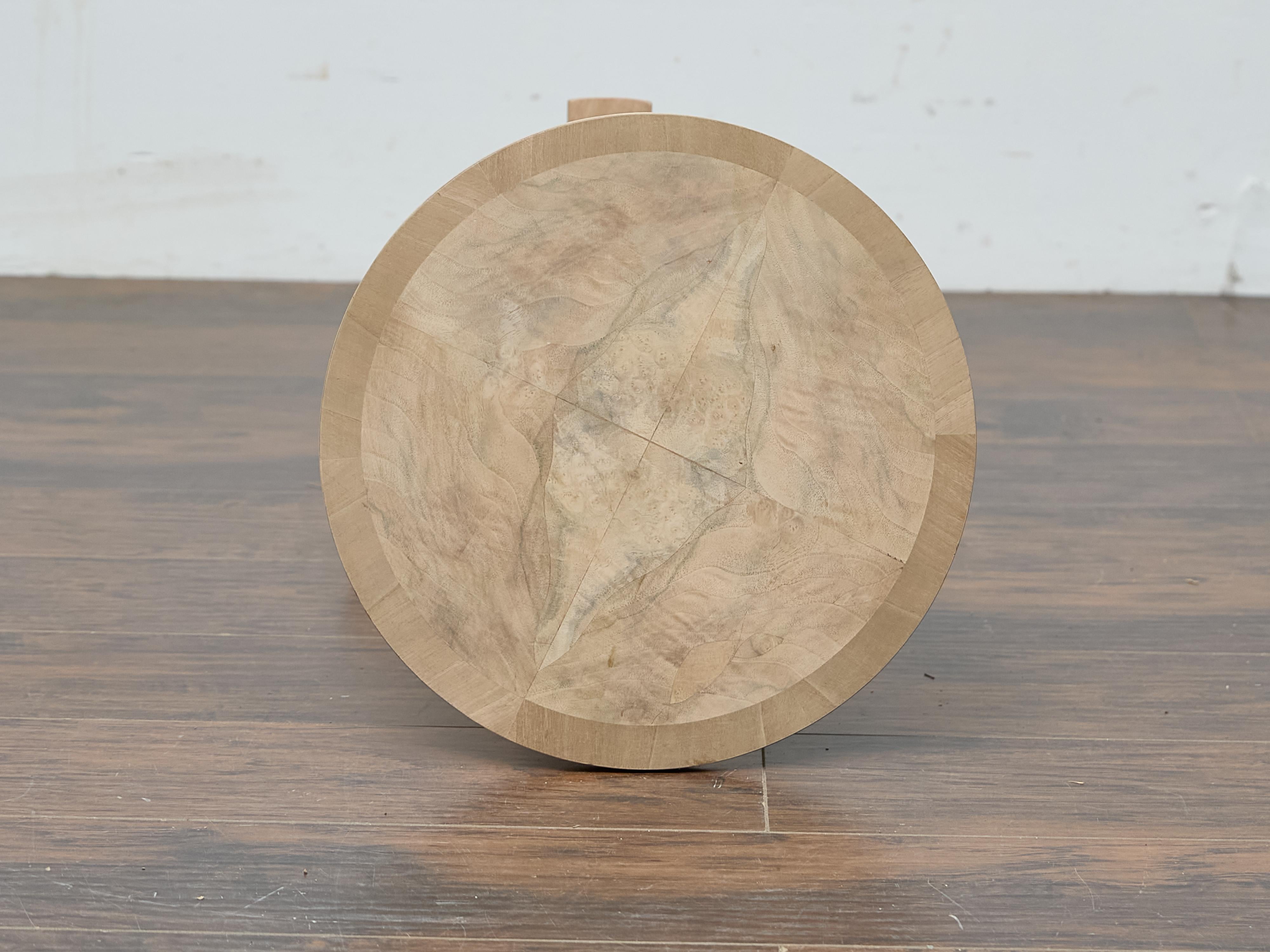 Walnut Empire Style Side Table with Round Bookmatched Top and Bronze Detail In Good Condition In Atlanta, GA