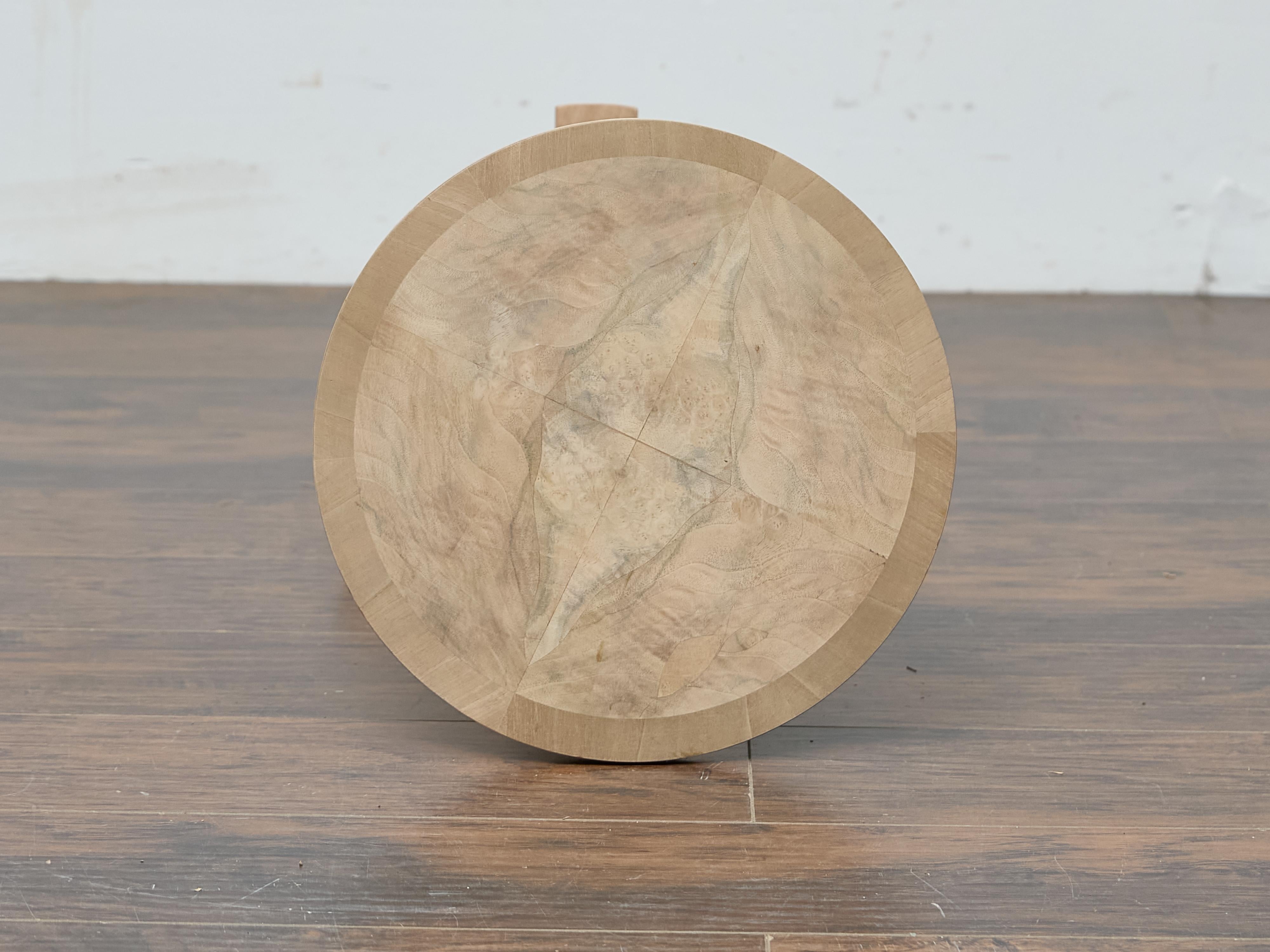 20th Century Walnut Empire Style Side Table with Round Bookmatched Top and Bronze Detail