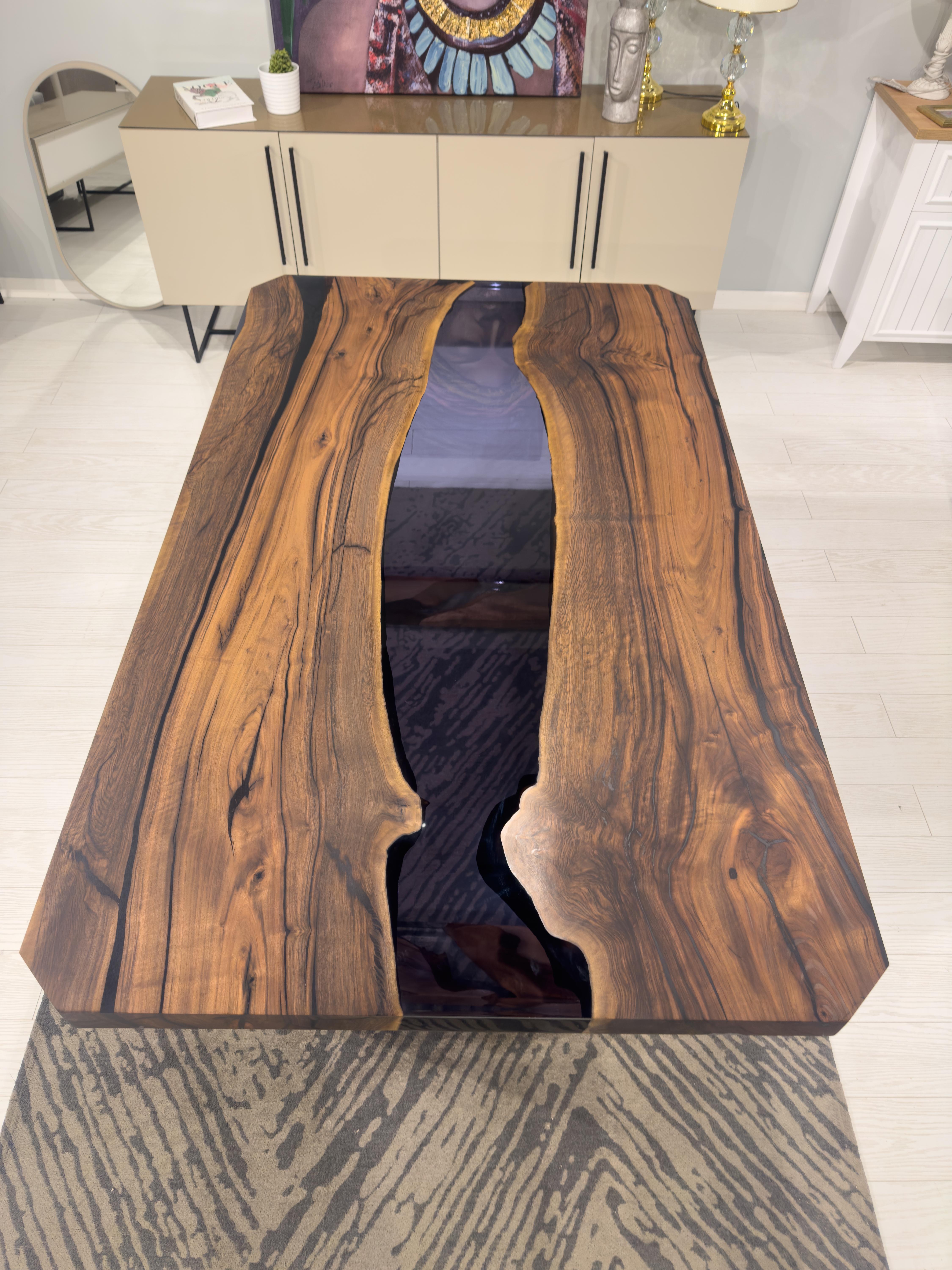 Hand-Carved Walnut Epoxy Resin River Dining Table For Sale