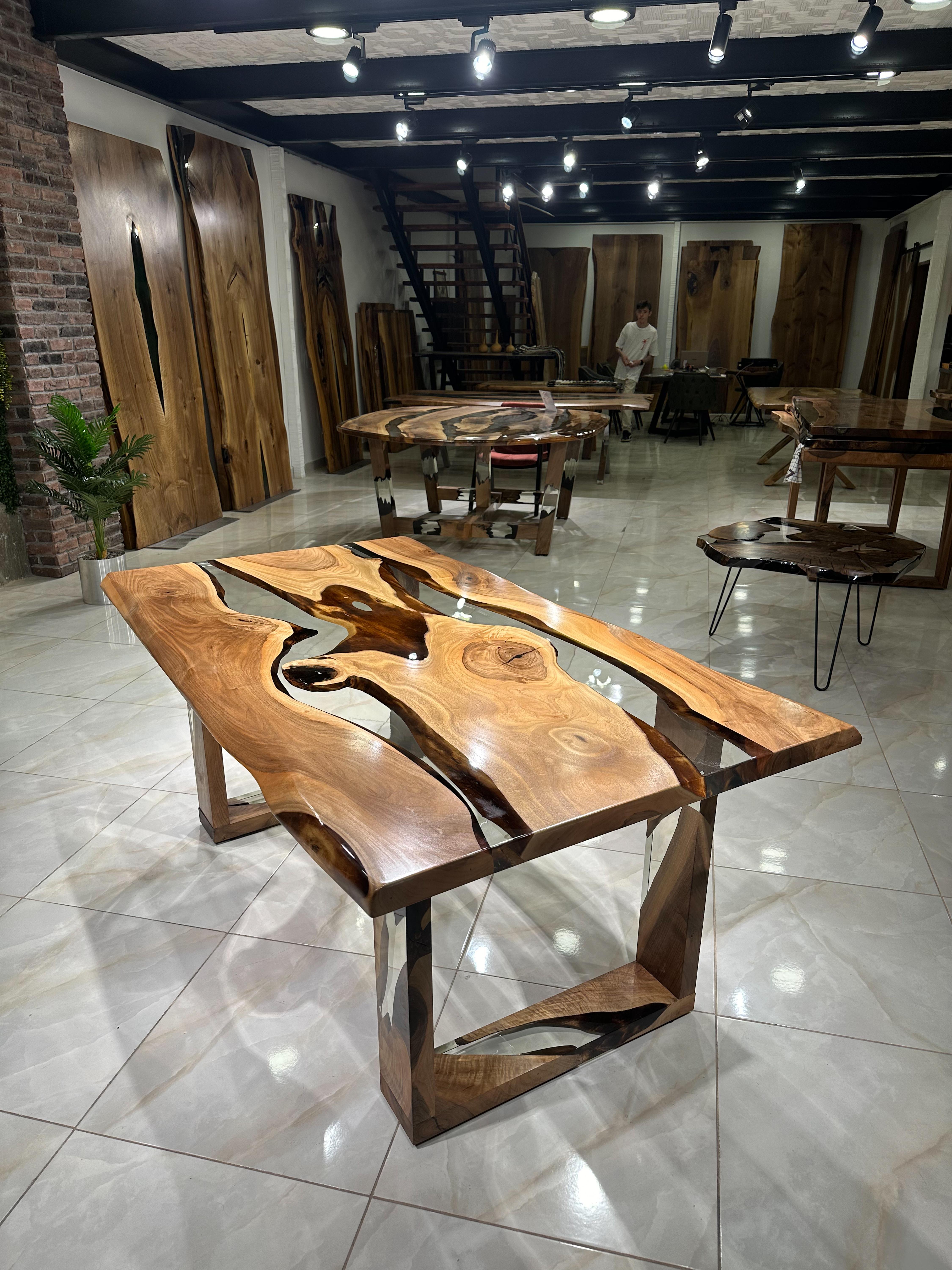 Modern Walnut Epoxy Resin River Table - Custom Made Dining Table - Dine Table For 6 For Sale
