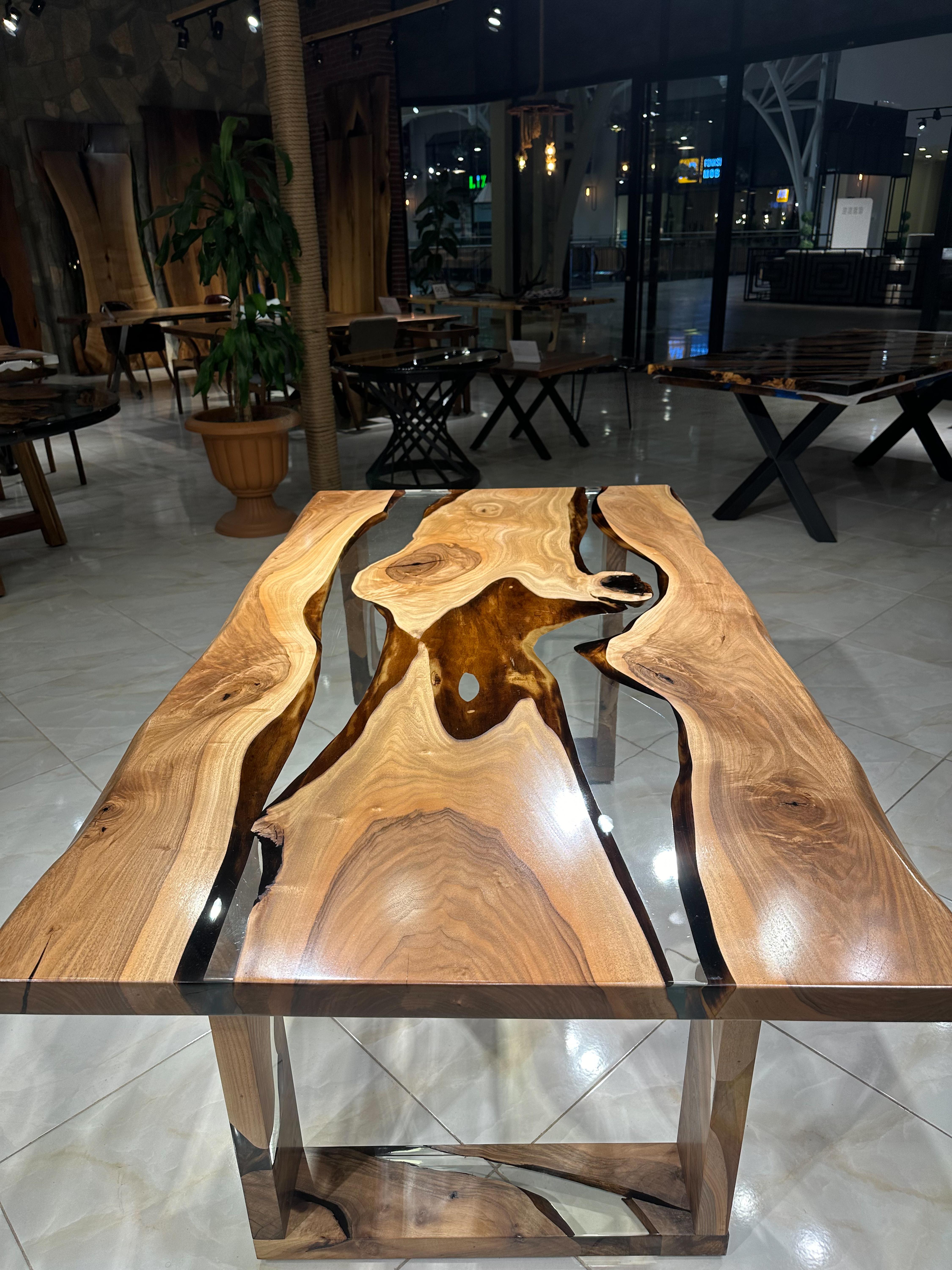 Turkish Walnut Epoxy Resin River Table - Custom Made Dining Table - Dine Table For 6 For Sale