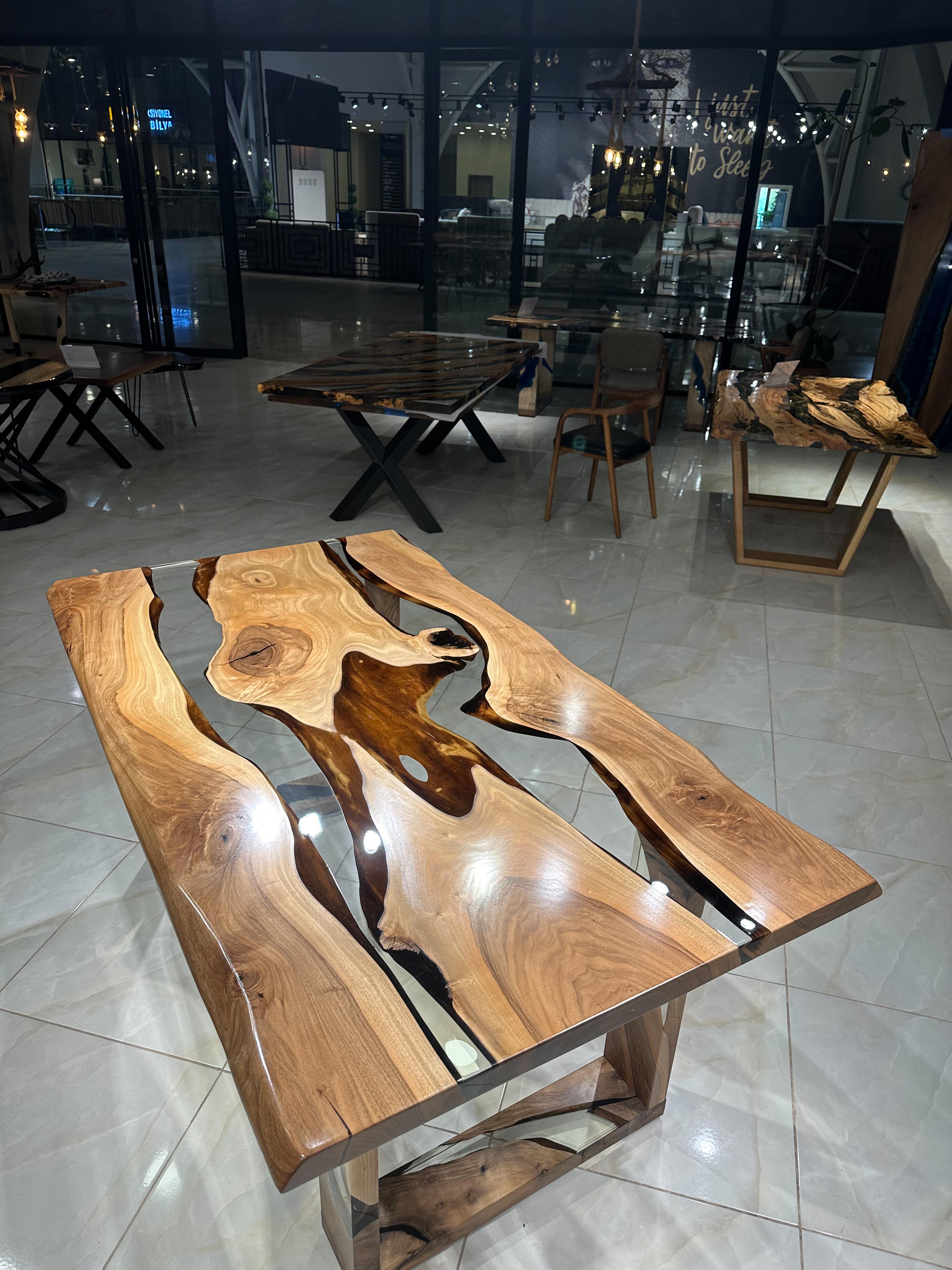 Brushed Walnut Epoxy Resin River Table - Custom Made Dining Table - Dine Table For 6 For Sale