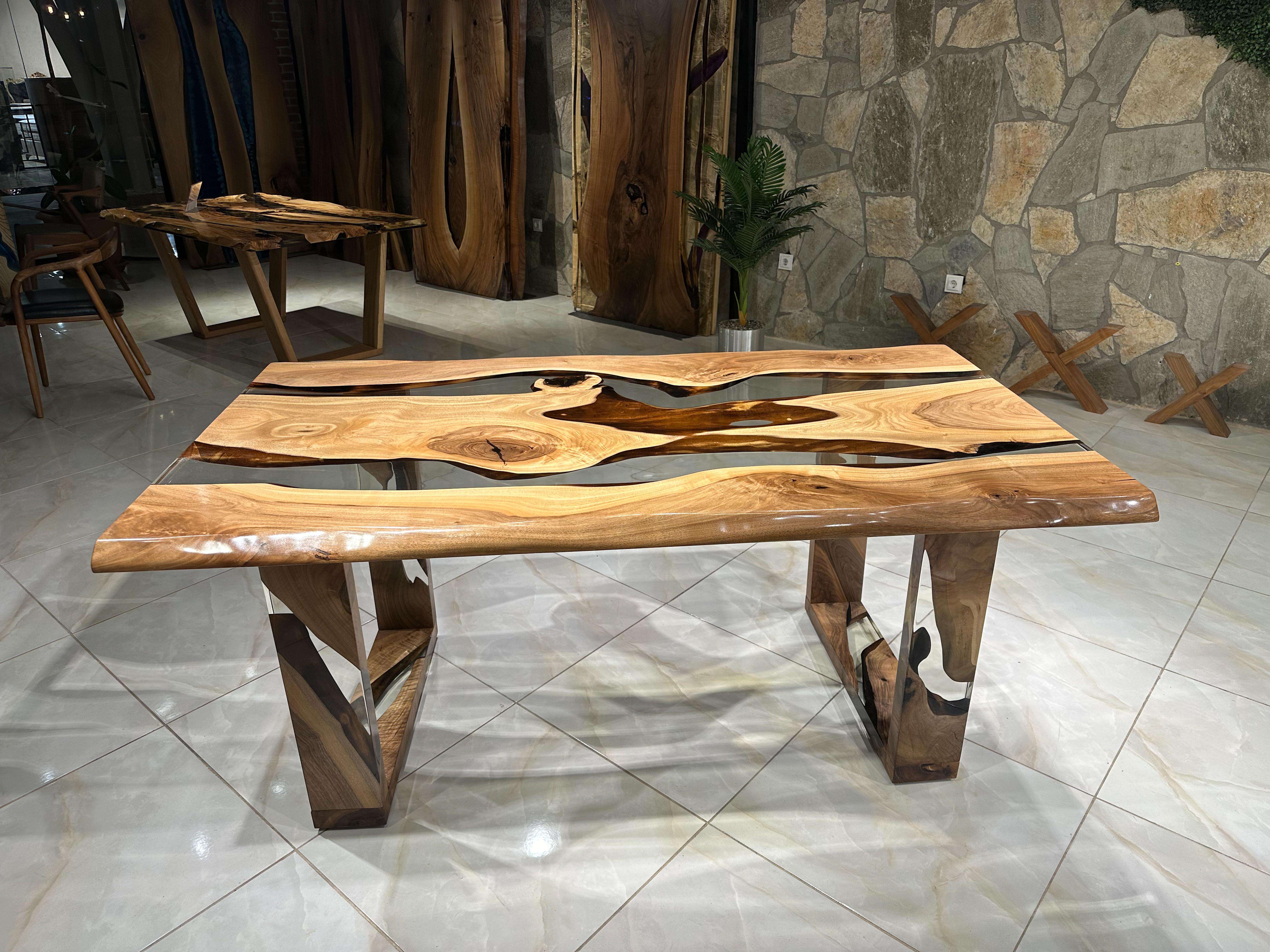 Contemporary Walnut Epoxy Resin River Table - Custom Made Dining Table - Dine Table For 6 For Sale