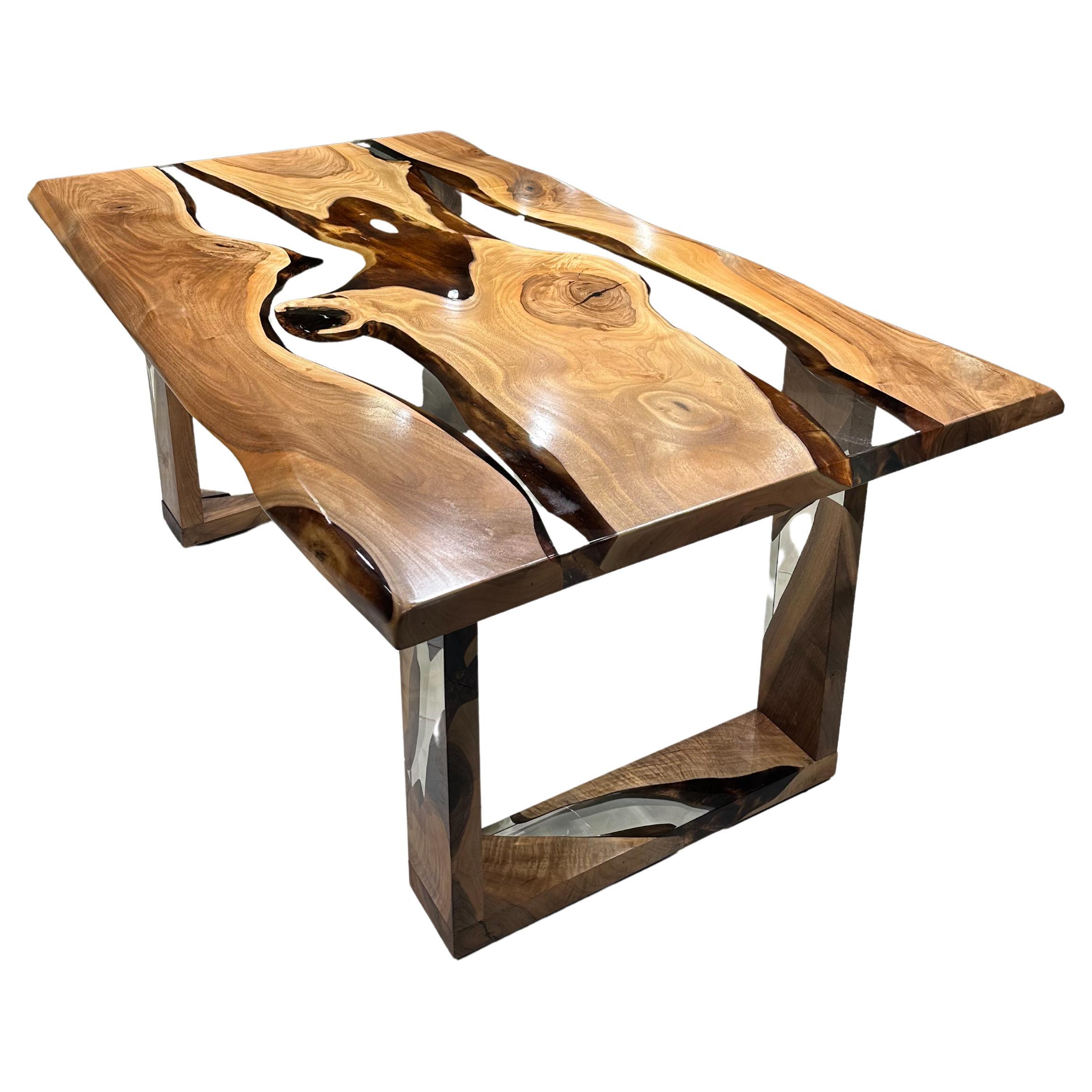 Walnut Epoxy Resin River Table - Custom Made Dining Table - Dine Table For 6 For Sale