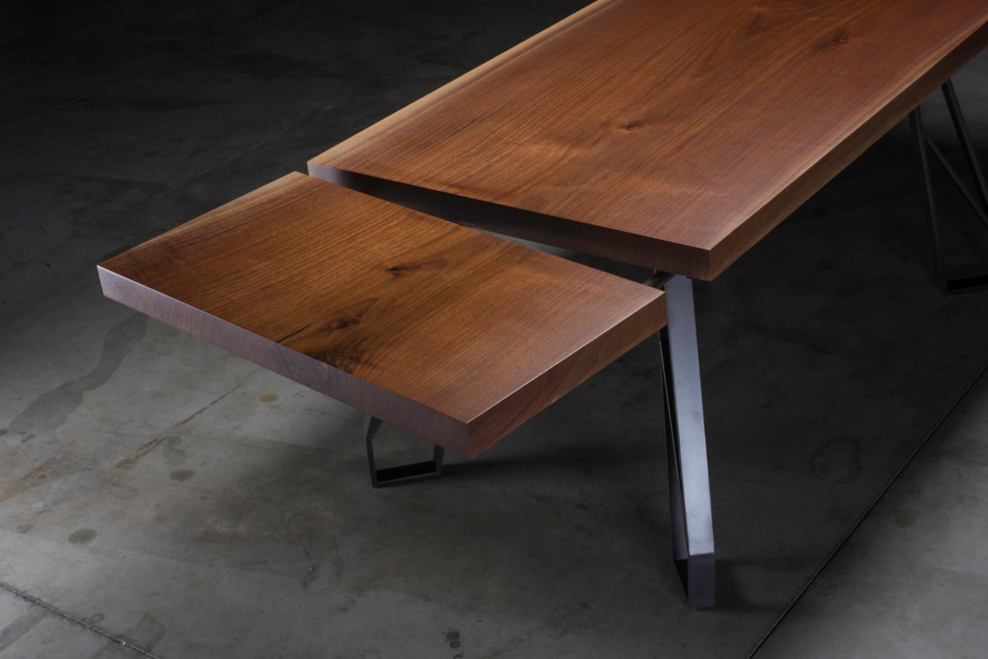 Modern Walnut Expanding Dining Table with Black Steel Legs 