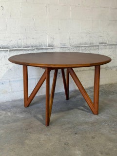 Walnut Extendable Round Dining Table with Architectural Wood Base Vintage 1960s