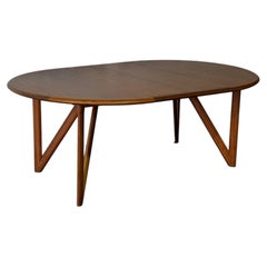 Walnut Extendable Round Dining Table with Architectural Wood Base Vintage 1960s