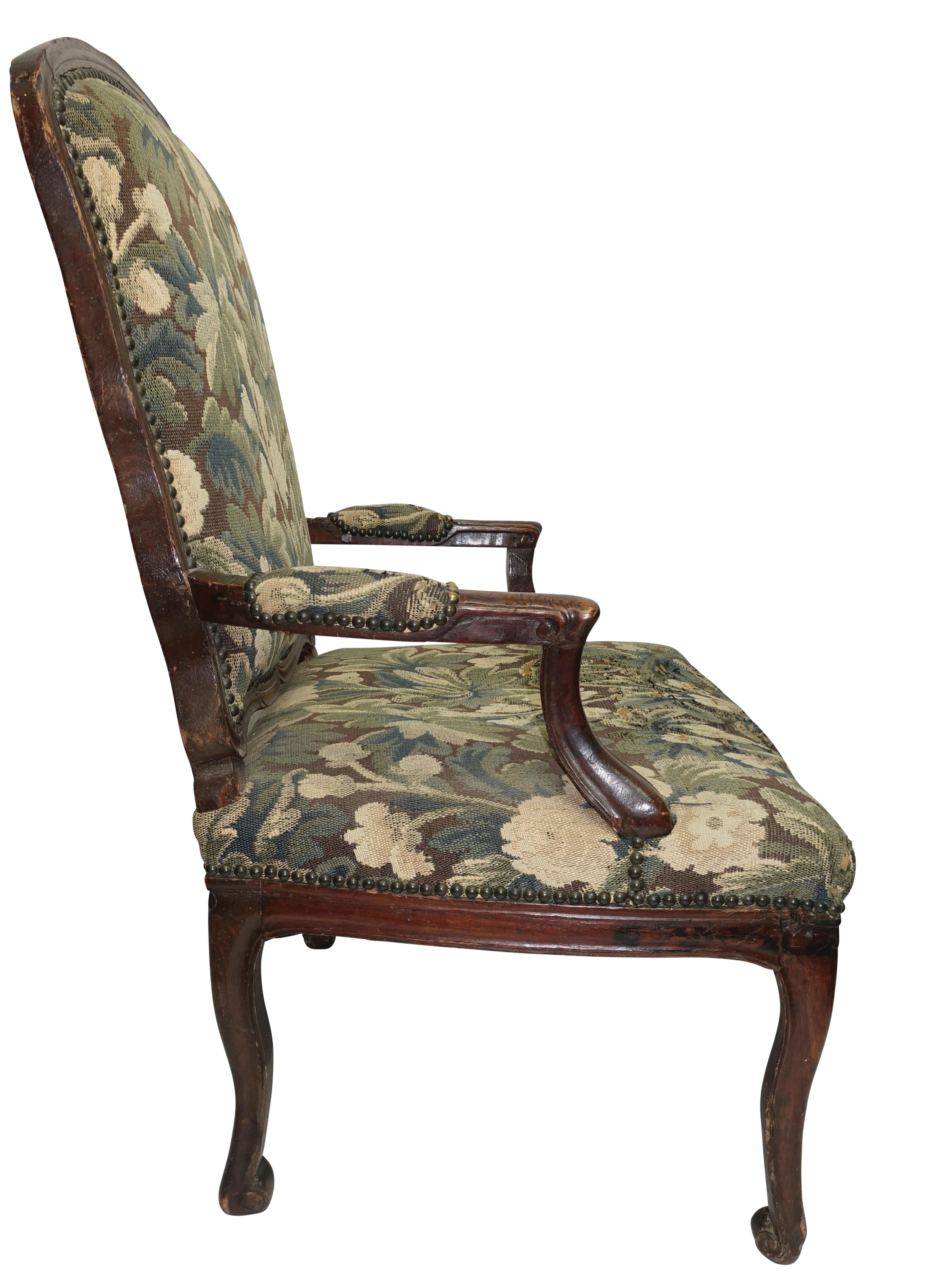 Carved Walnut Fauteuil Armchair, Italian, 18th Century For Sale