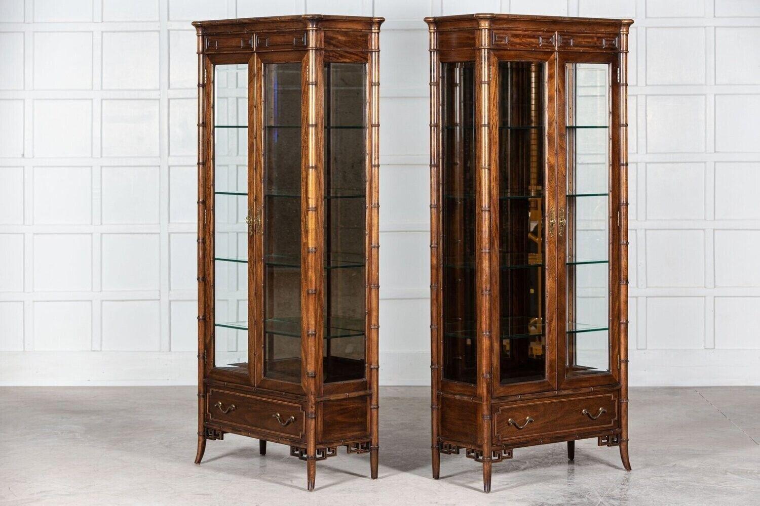 Mid 20thC
Pair Walnut Chippendale Influenced Faux Bamboo Glazed Display Cabinets
Excellent quality and form
Price is each x 1 left
sku 1193
W90 x D43 x H205cm